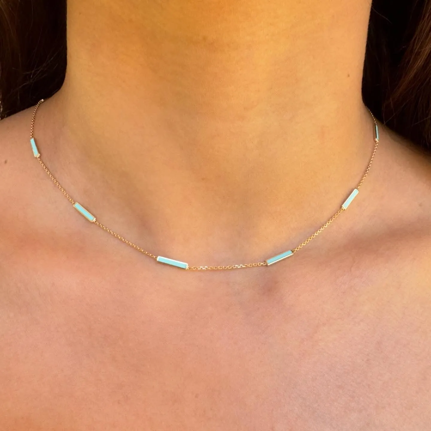 14K Turquoise Blue Enamel Bar Chain Necklace