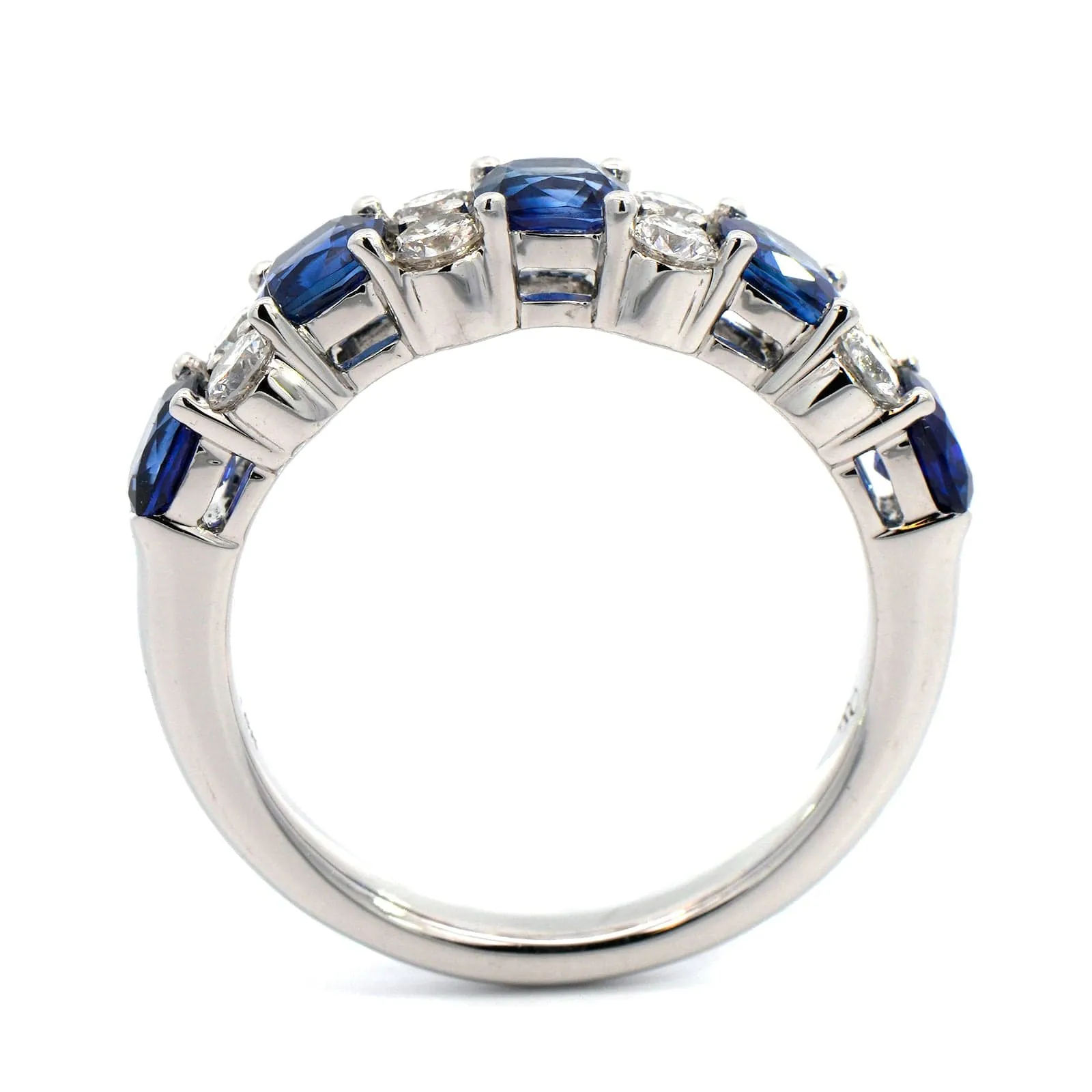 18K White Gold Cushion Sapphire and Round Diamond Band