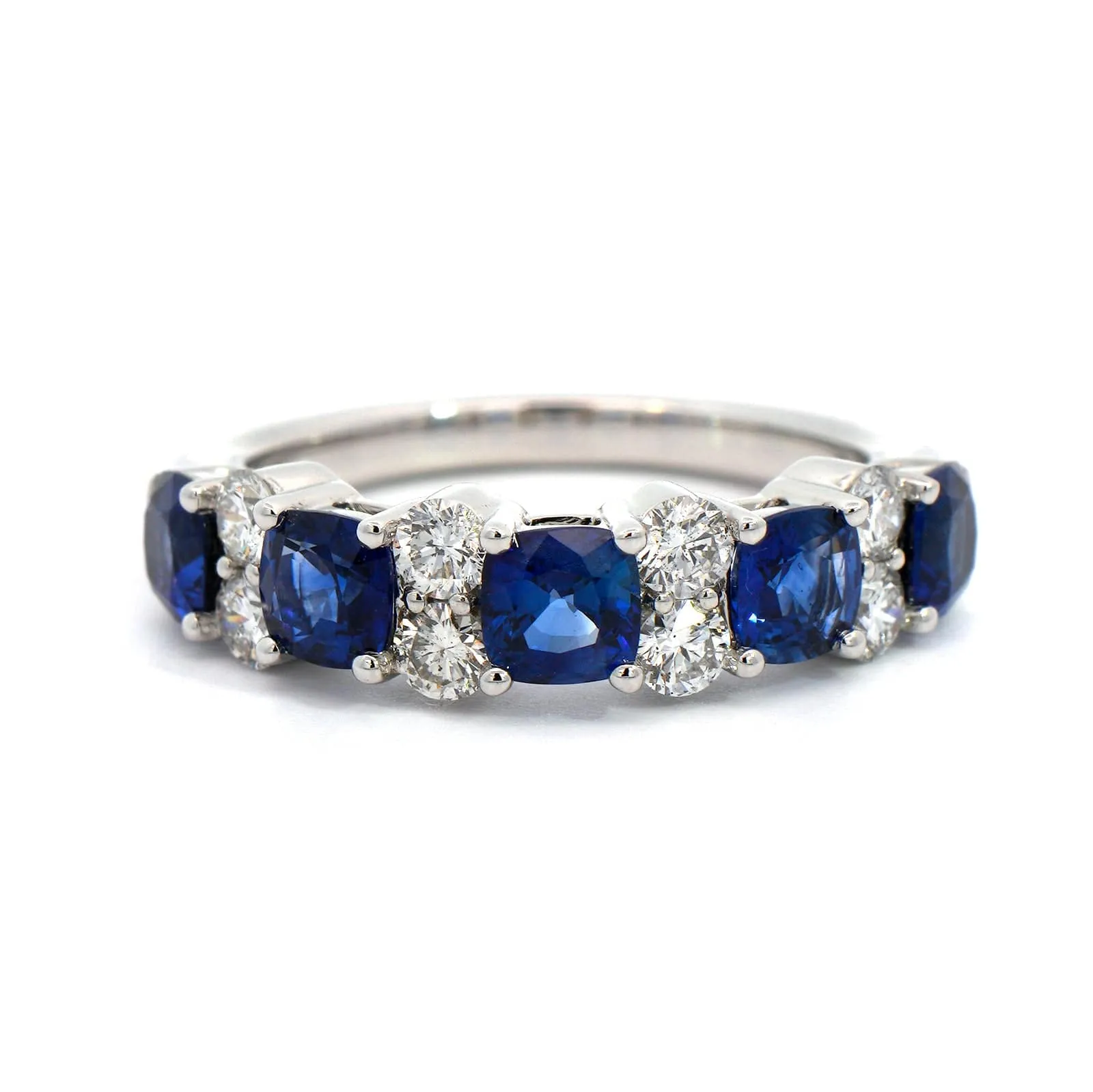 18K White Gold Cushion Sapphire and Round Diamond Band