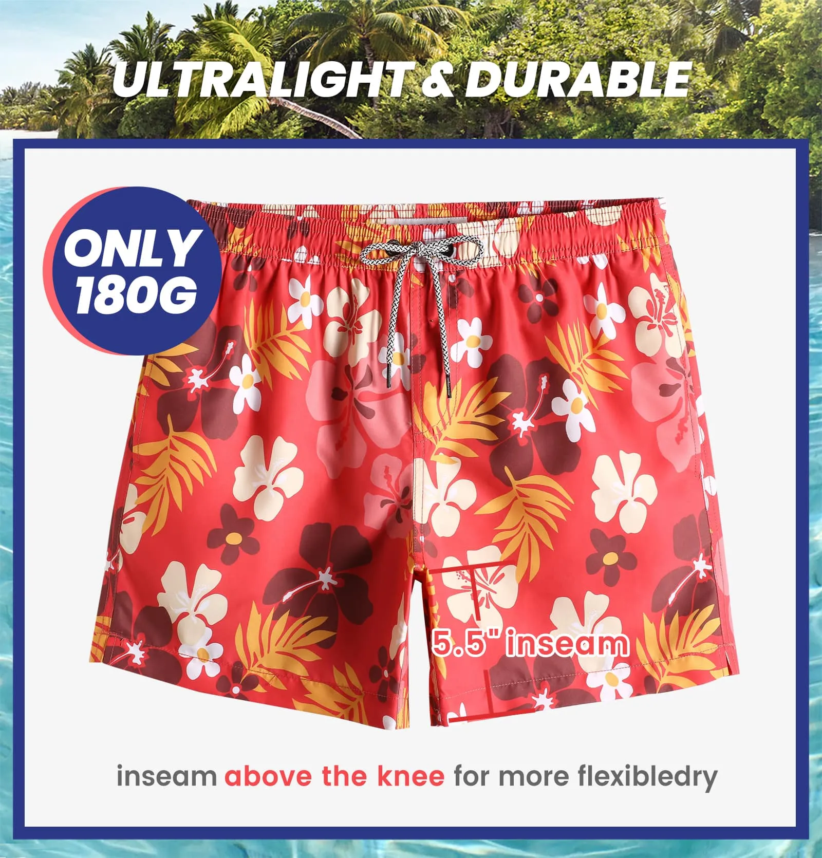 5.5 Inch Inseam Red Sakura Swim Trunks