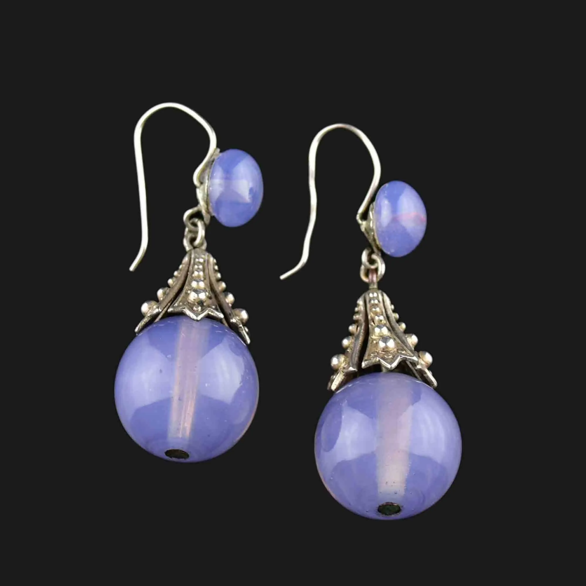 Art Deco Silver Blue Chalcedony Drop Earrings