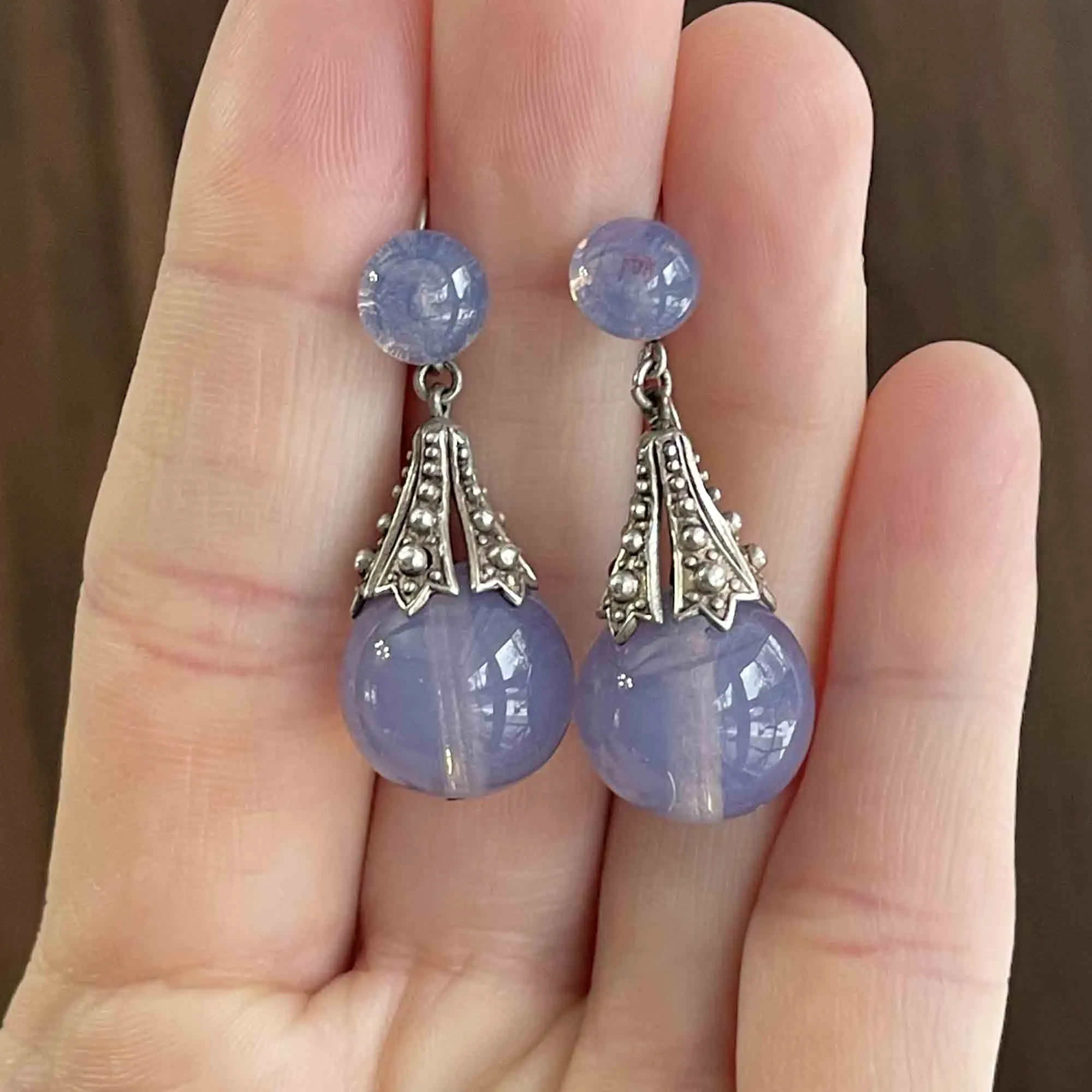 Art Deco Silver Blue Chalcedony Drop Earrings