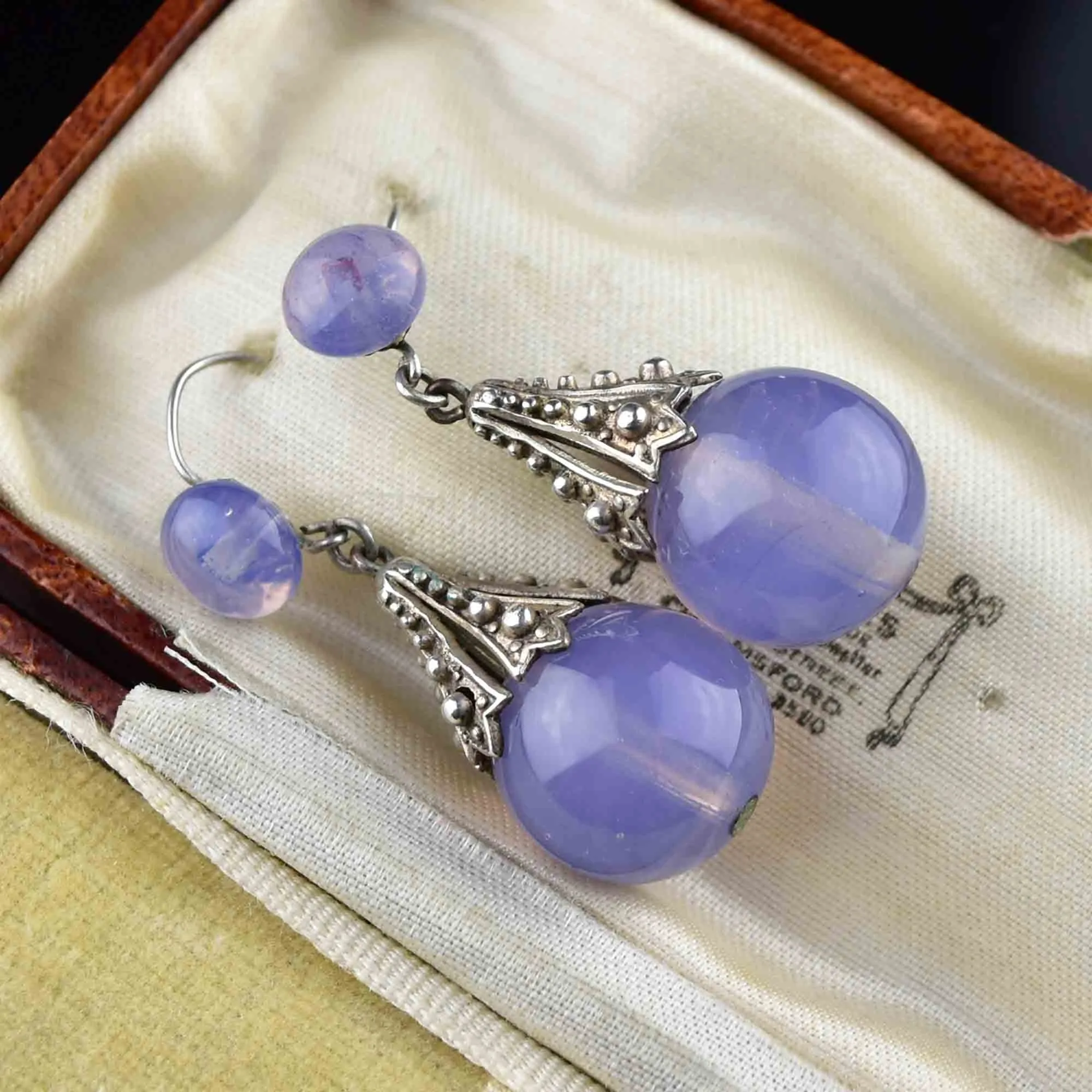 Art Deco Silver Blue Chalcedony Drop Earrings