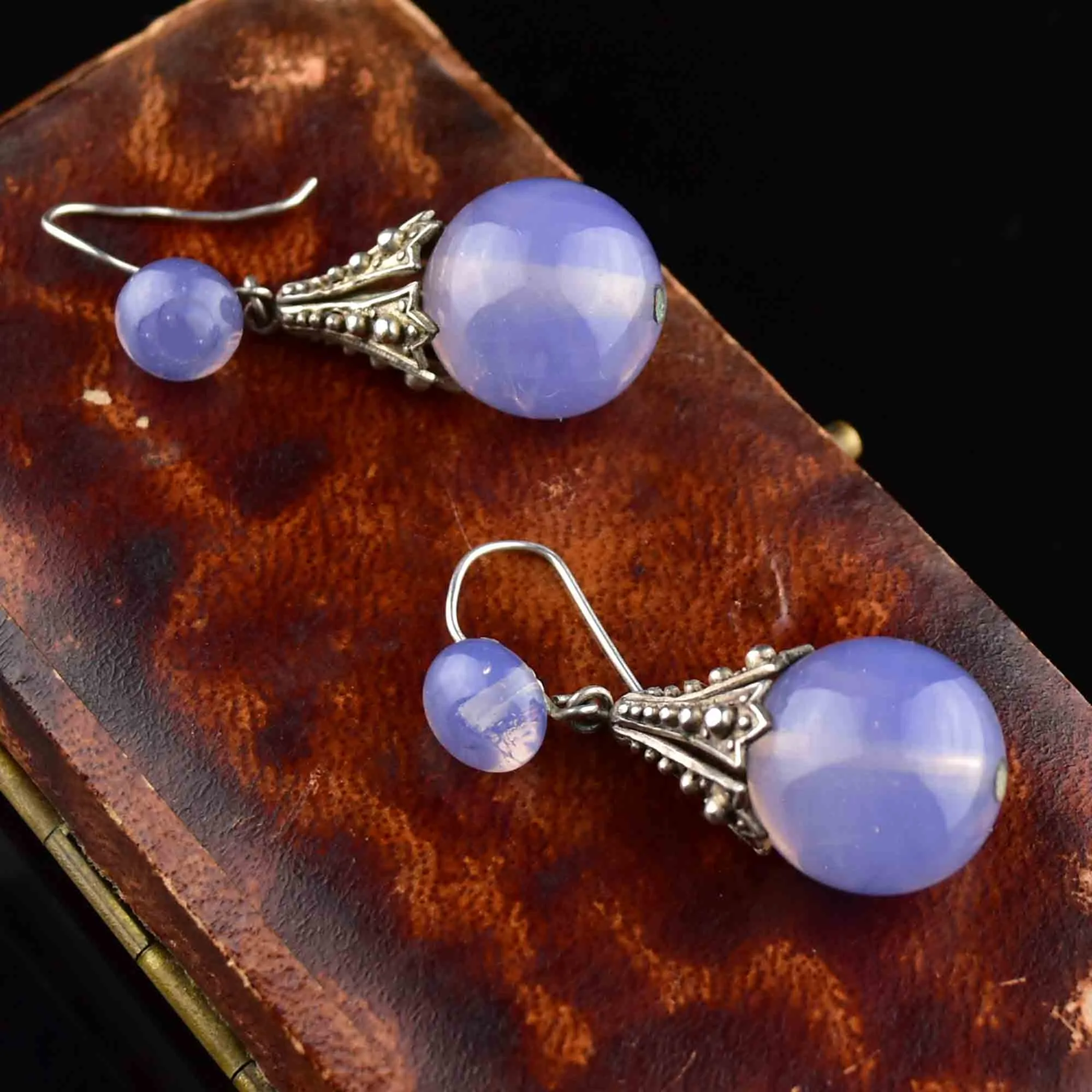 Art Deco Silver Blue Chalcedony Drop Earrings