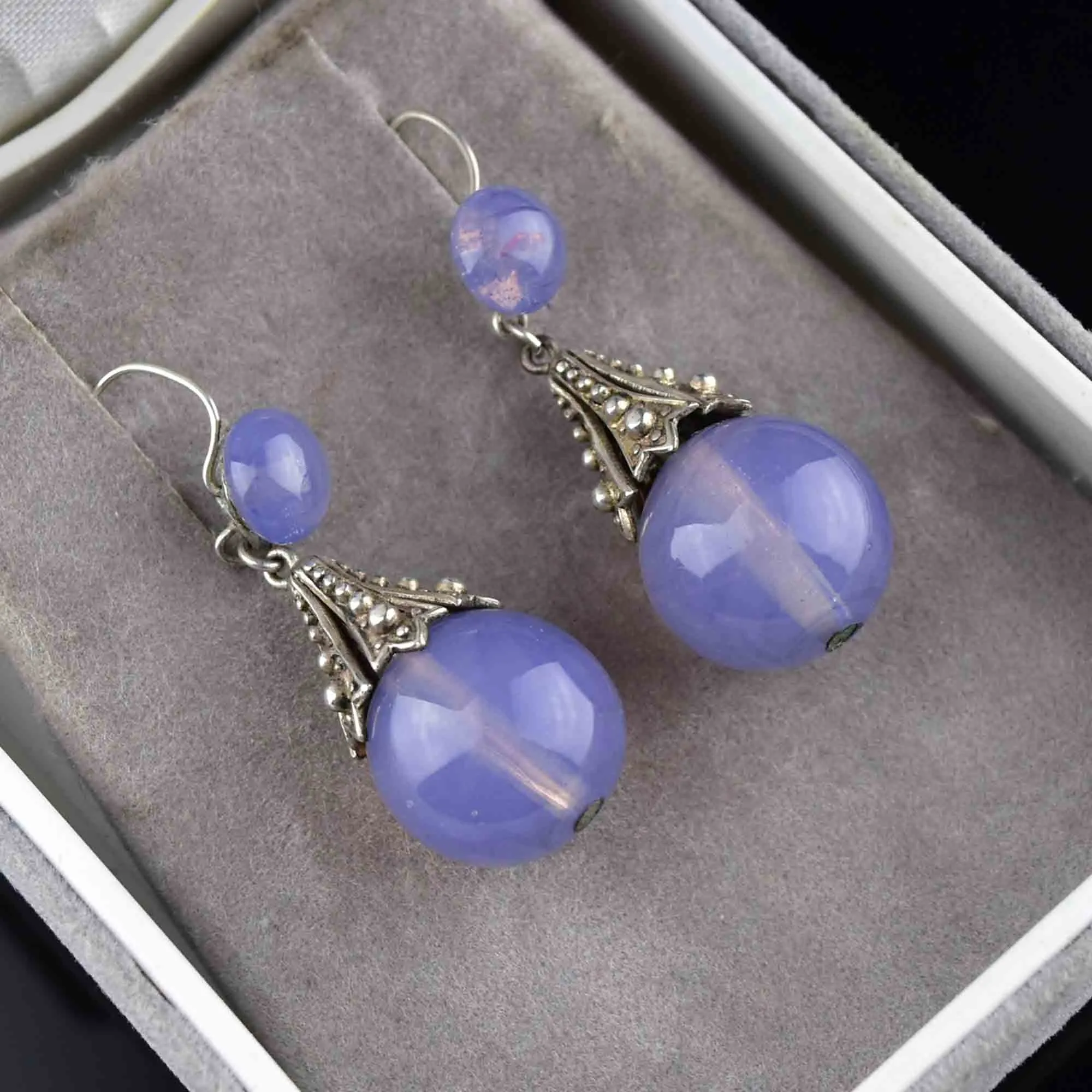 Art Deco Silver Blue Chalcedony Drop Earrings