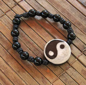 Black Agate and Agate Gemstone Yin Yang Leather Bracelet