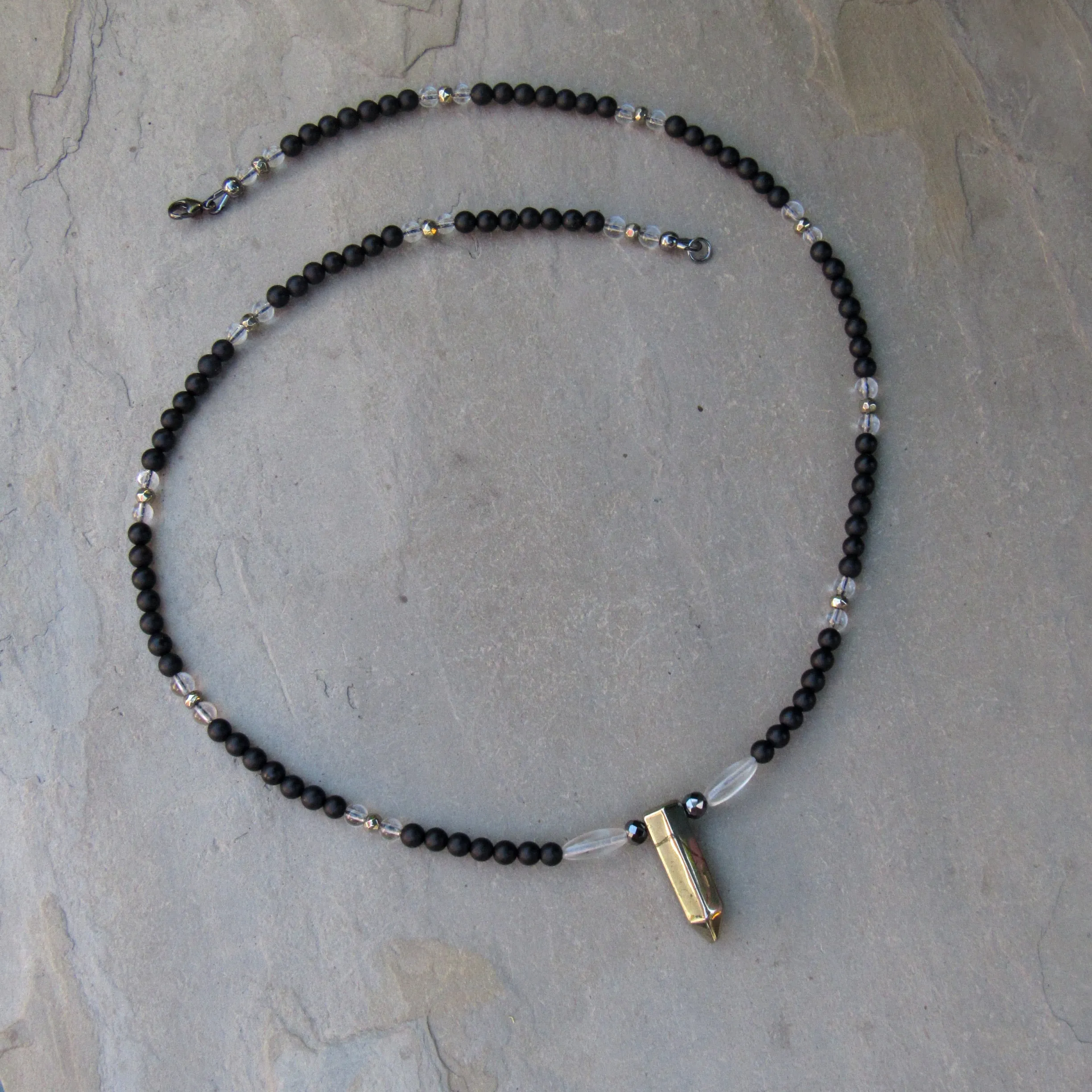 Black Diamonds, Pyrite, Onyx, Clear Quartz w/ Sterling Silver Men’s Necklace