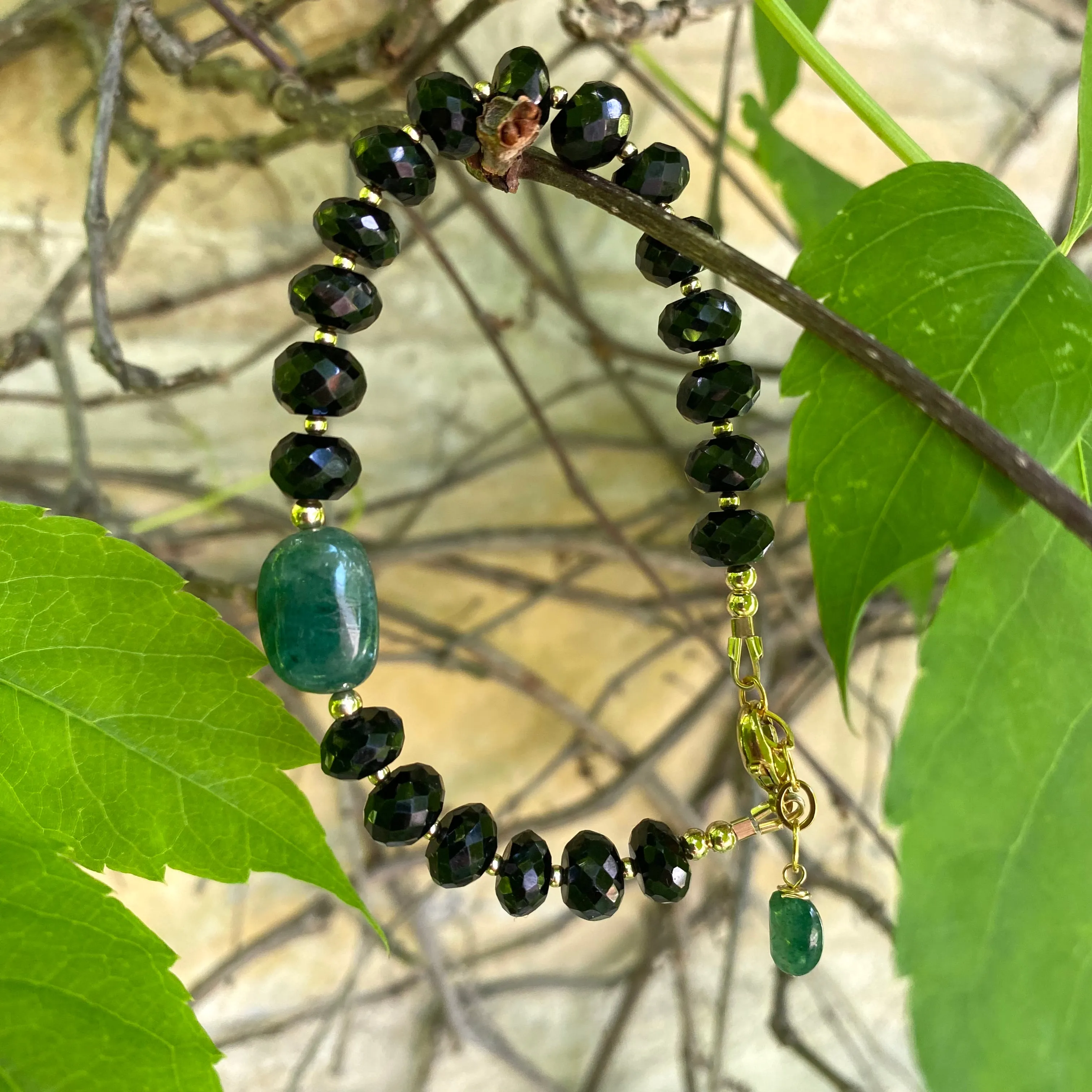 Black Spinel and Green Emerald Bracelet, 14K Gold Filled, May Birthstone Gifts, 7inch