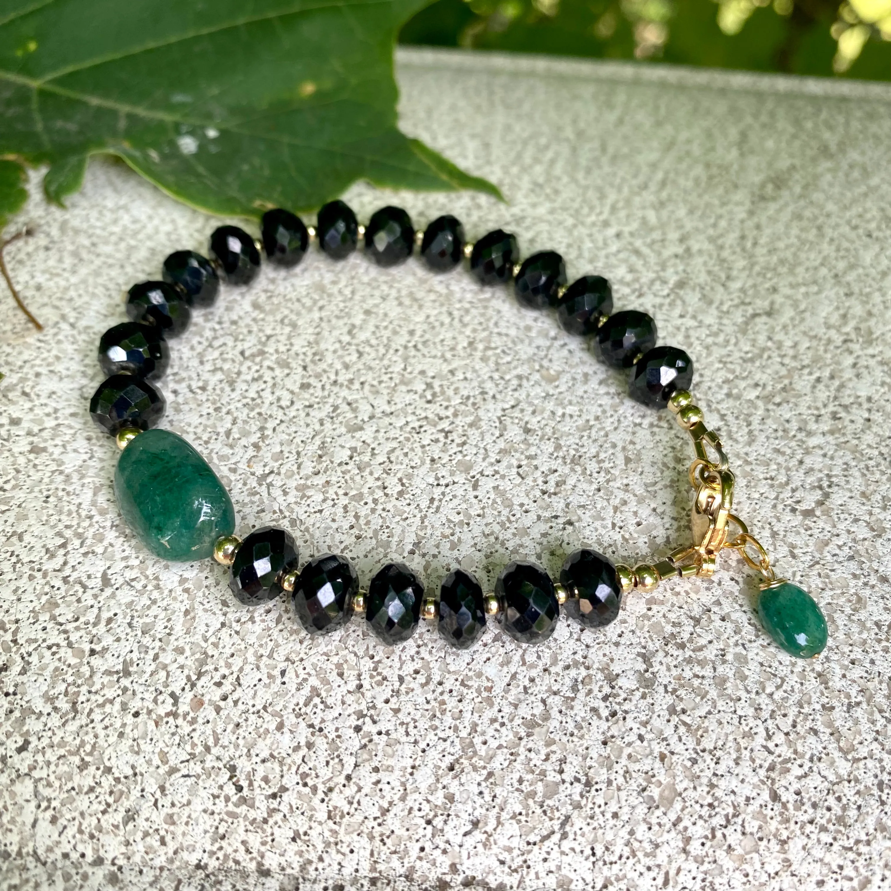 Black Spinel and Green Emerald Bracelet, 14K Gold Filled, May Birthstone Gifts, 7inch