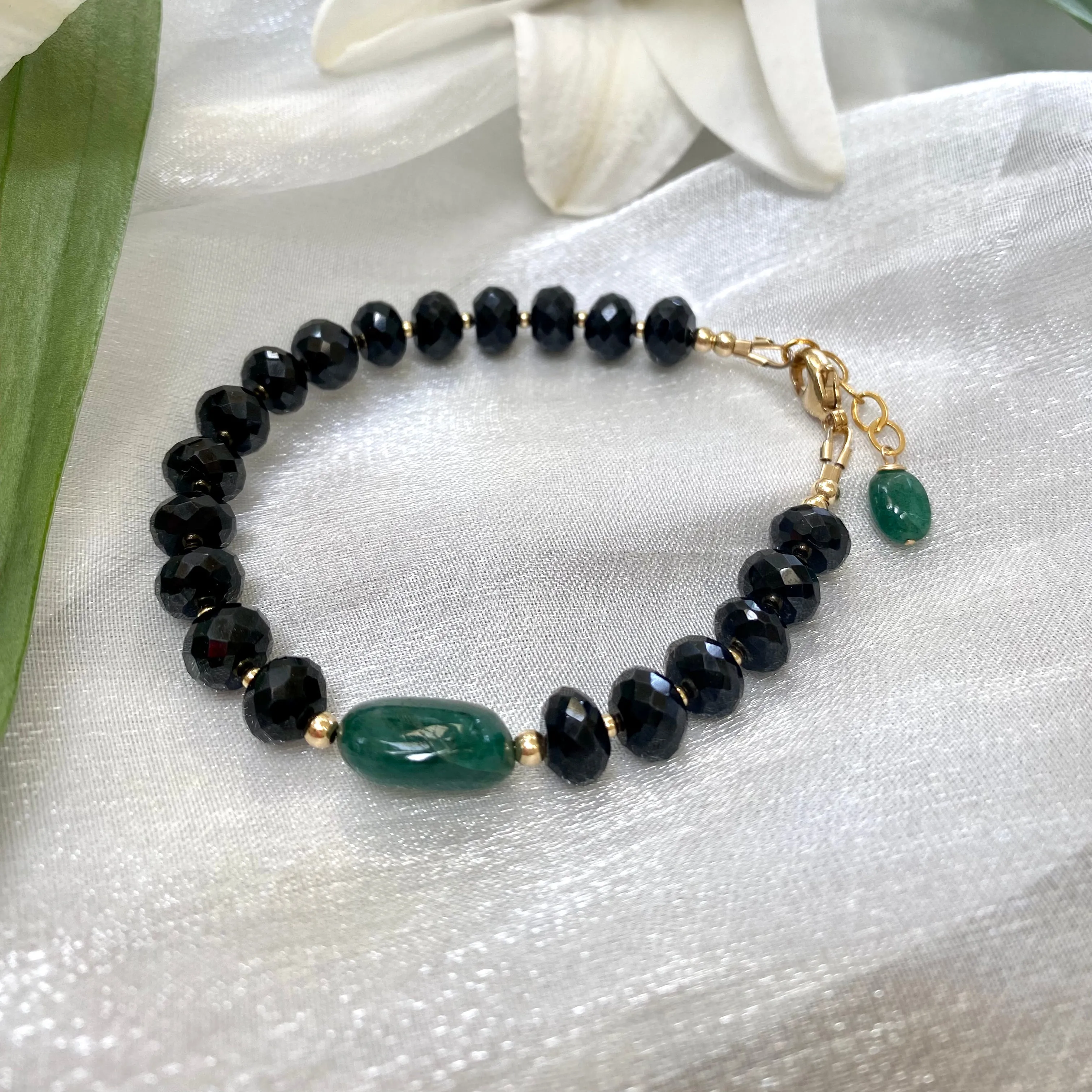 Black Spinel and Green Emerald Bracelet, 14K Gold Filled, May Birthstone Gifts, 7inch