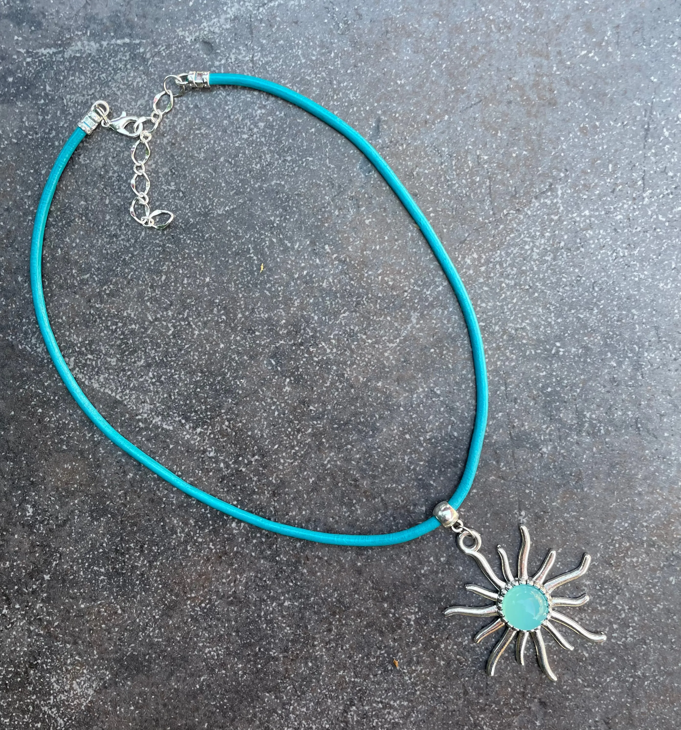 Blue Chalcedony gemstone Sun leather  Necklace