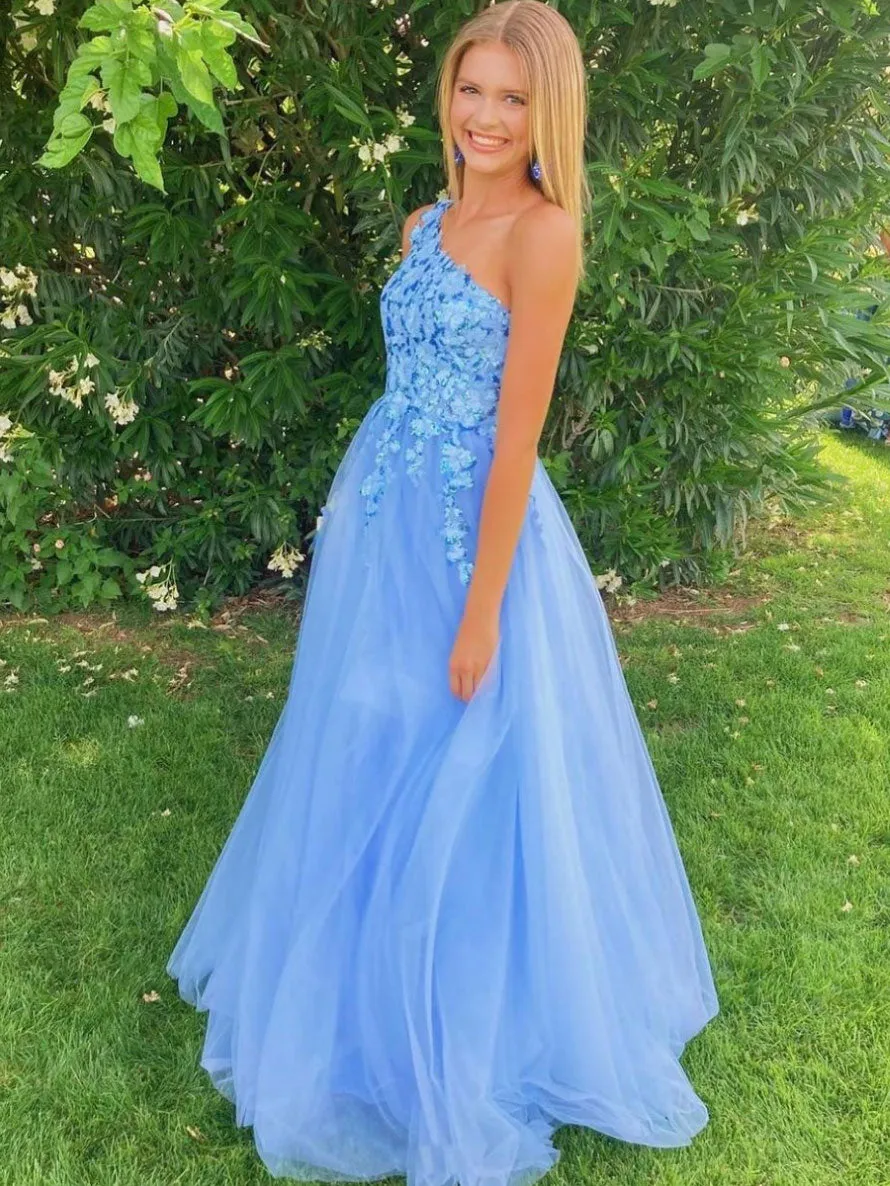 Blue one shoulder sequin tulle long prom dress blue evening dress