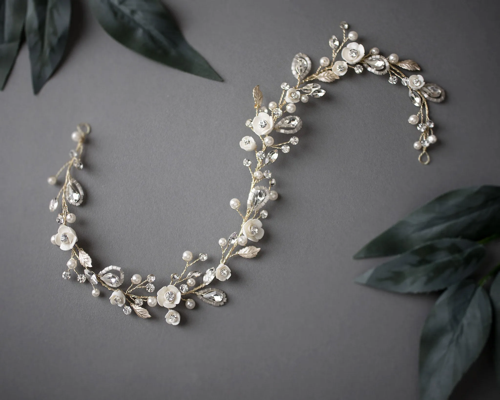 Bridal Hair Vine with Porcelain Flowers