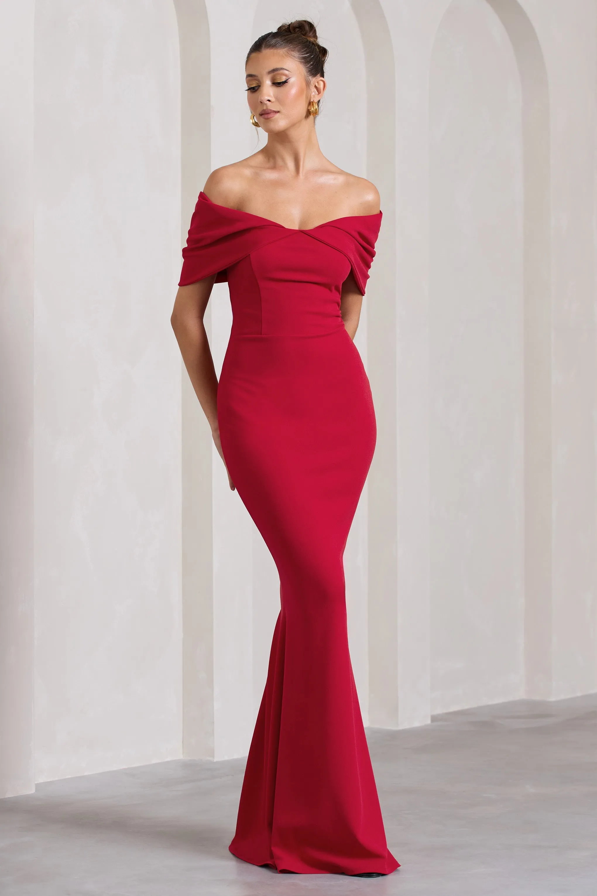 Dana | Red Bardot Maxi Dress With Short Gathered Sleeves