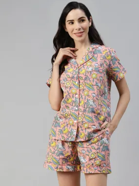 Divena  Peach Cotton Floral Print Night Suit