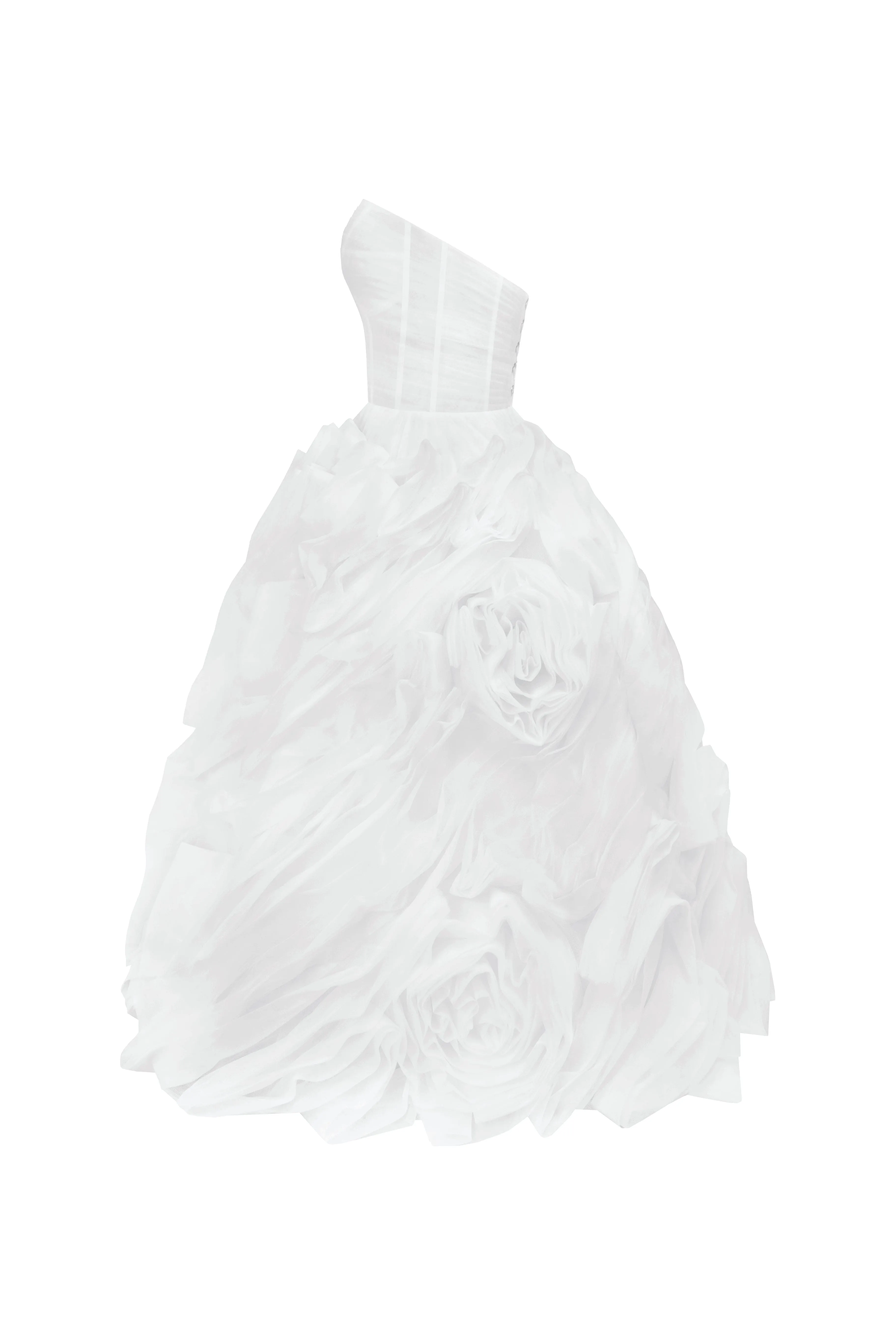 Dramatically flowered tulle dress in white