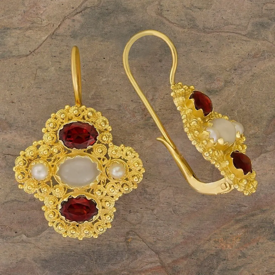 Duchess Of Newcastle Moonstone, Garnet and Pearl Earrings