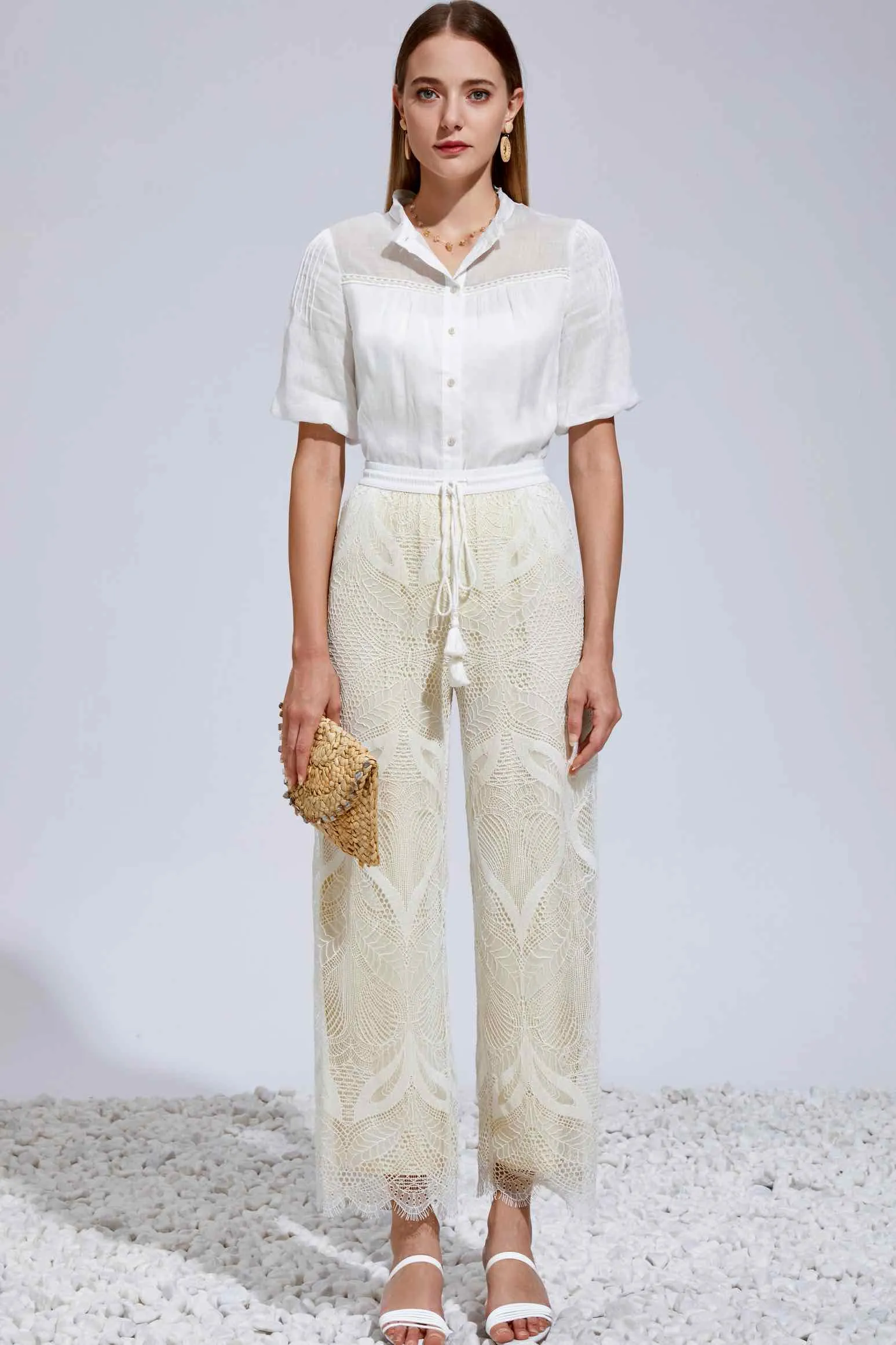 Ella Lace Pants - Cream/White