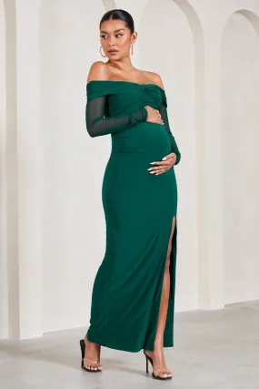 Elsie | Bottle Green Bardot Long-Sleeved Maternity Maxi Dress