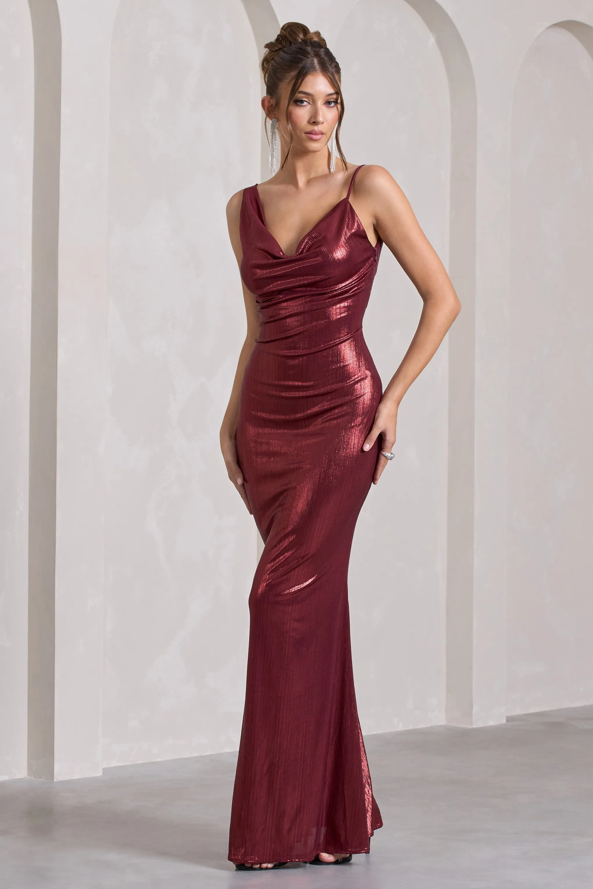 Galaxy Shimmer | Burgundy Bias Cut Cowl Front Maxi Dress