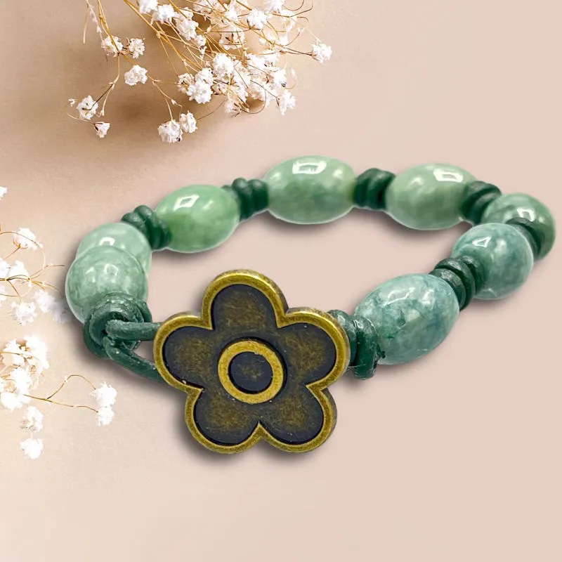 Hand knotted Jade gemstone on green Leather Bracelet