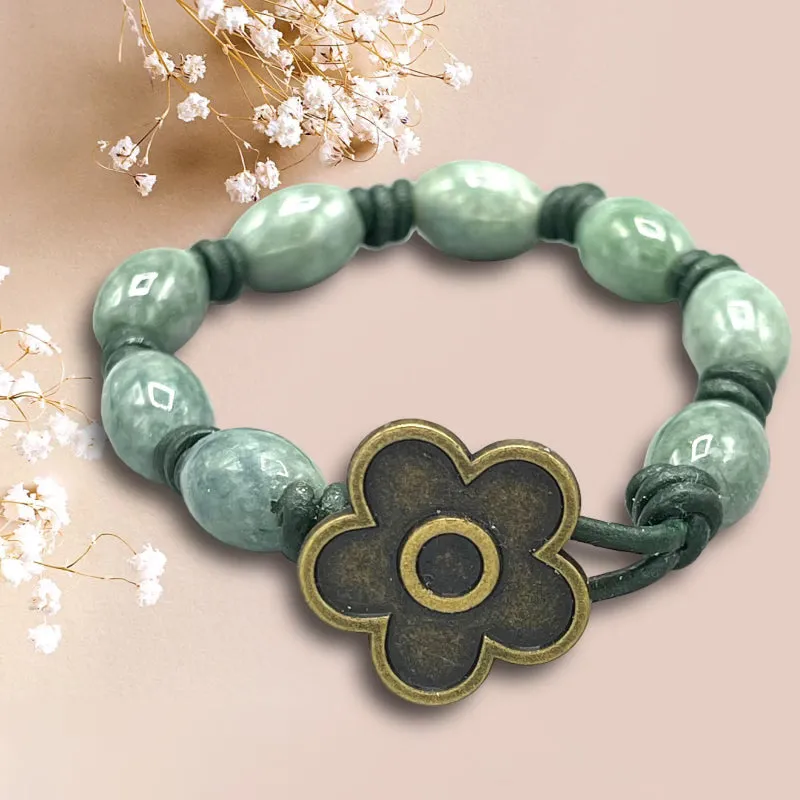 Hand knotted Jade gemstone on green Leather Bracelet