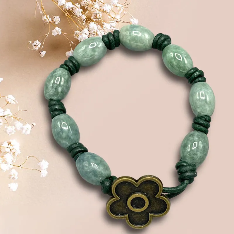 Hand knotted Jade gemstone on green Leather Bracelet