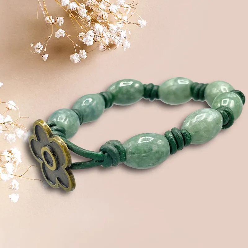 Hand knotted Jade gemstone on green Leather Bracelet