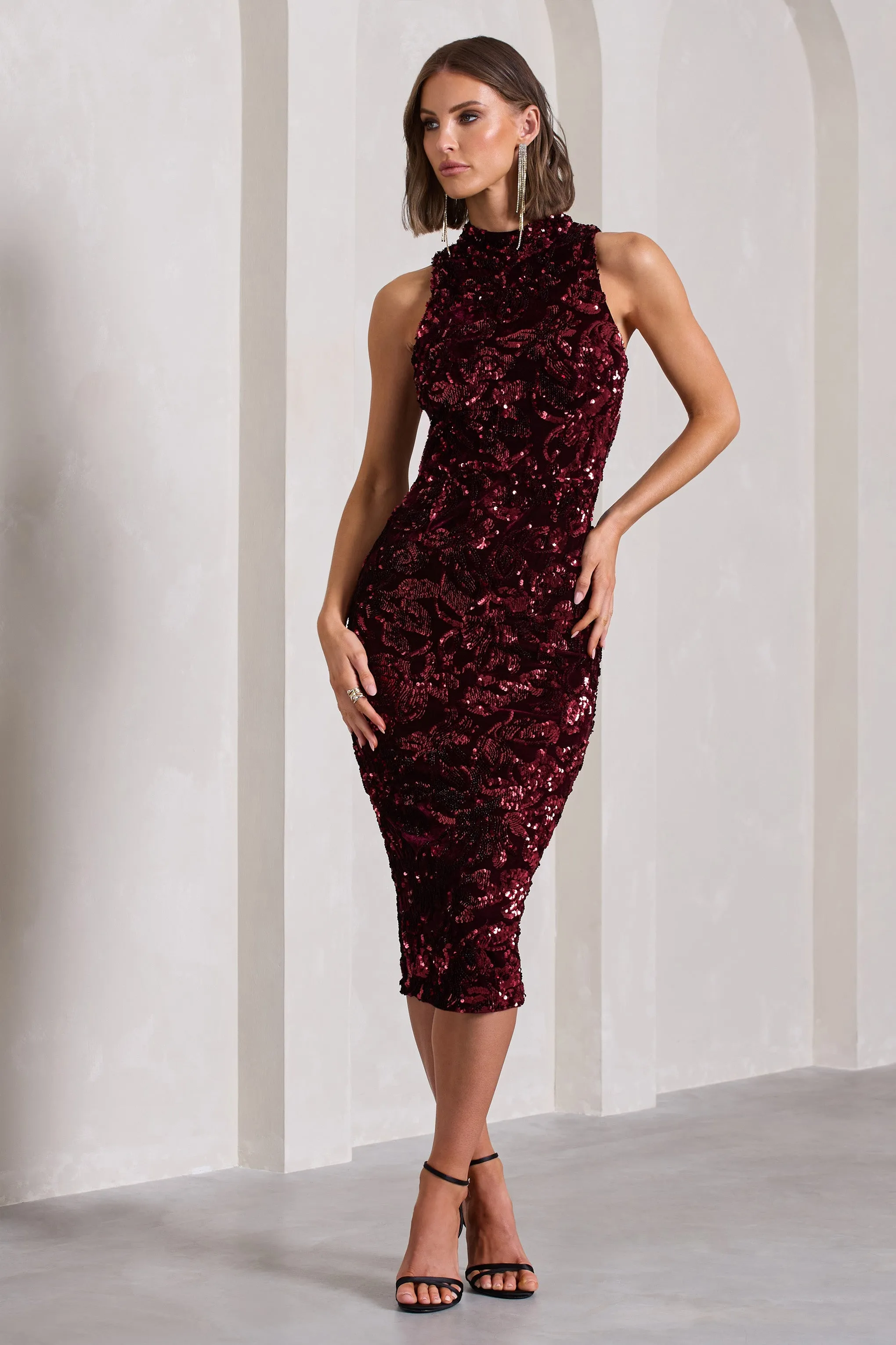 Hypnosis | Berry Sequin Sleeveless High-Neck Midi Dress