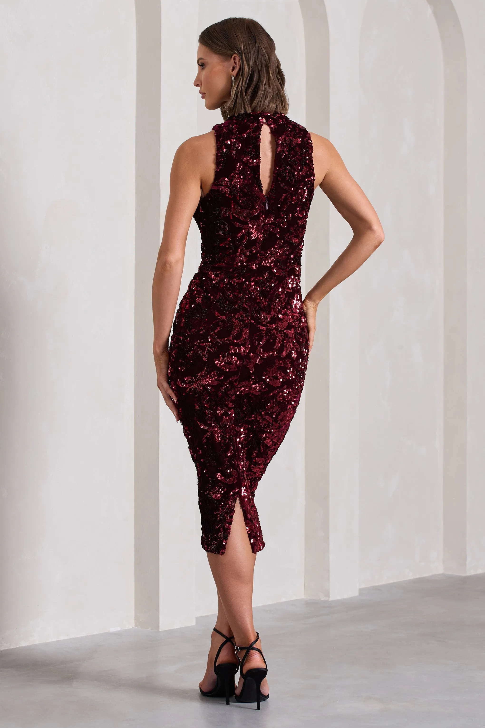 Hypnosis | Berry Sequin Sleeveless High-Neck Midi Dress