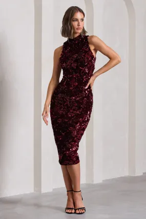 Hypnosis | Berry Sequin Sleeveless High-Neck Midi Dress