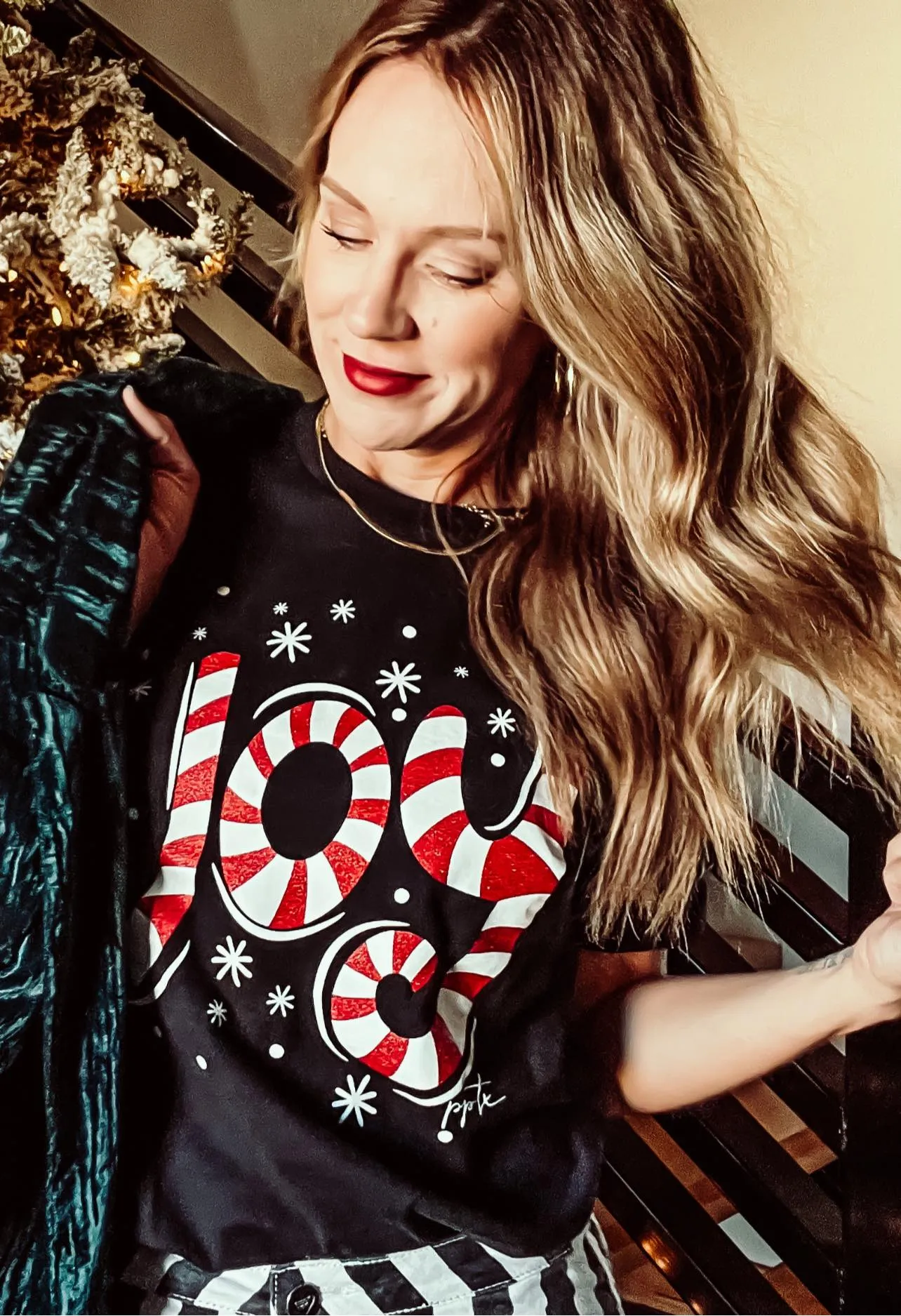 JOY Candy Cane Glitter Graphic Tee