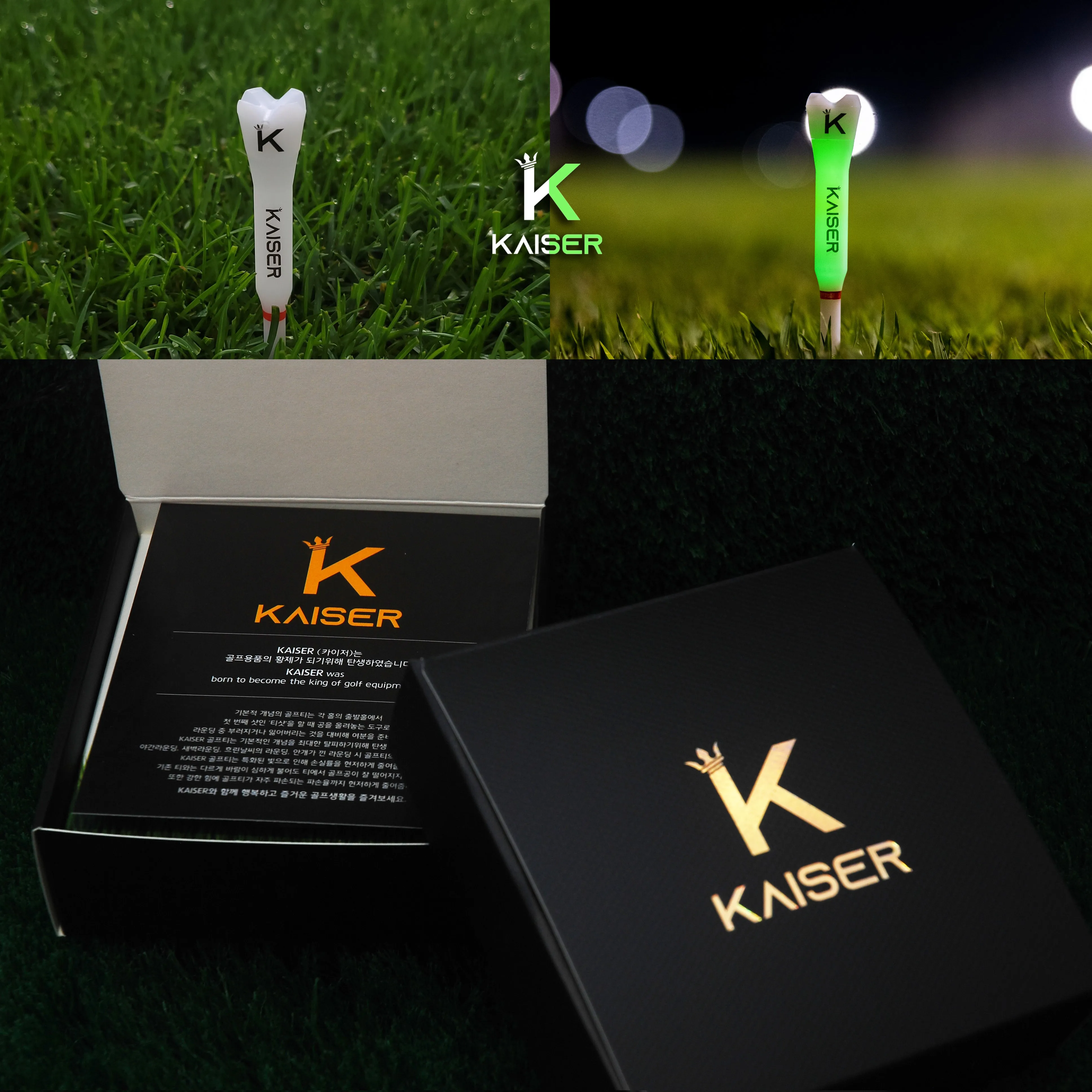 KAISER T2 Golf Tees Day Night Gifts Accessory Sets/ Long 2pcs Short 1pcs/ distance increase luminous anti-slicing Height fix Holders Glow in Dark Light up Flashing Made in Korea