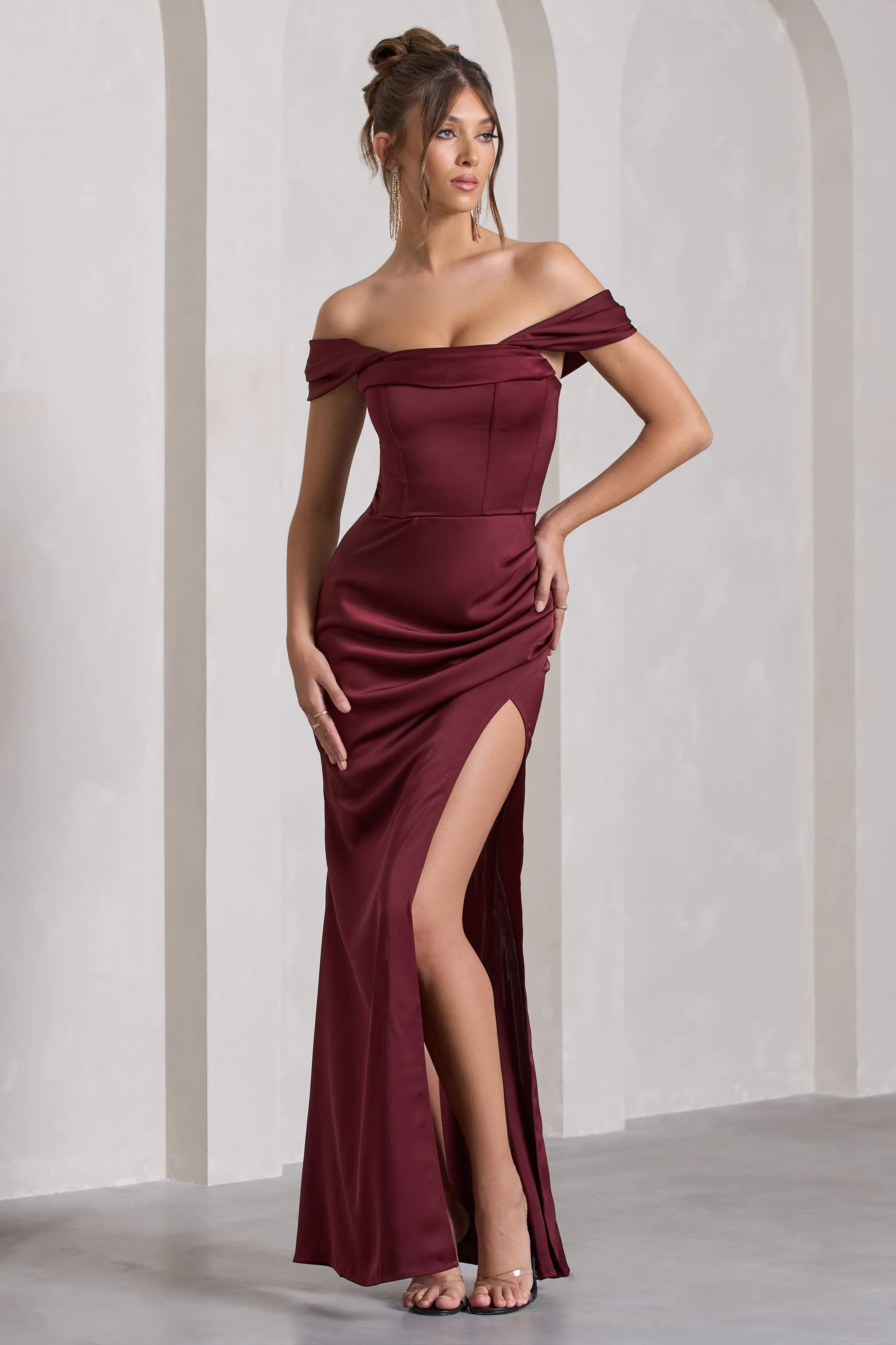 Kimberly | Burgundy Bardot Fishtail Satin Maxi Dress