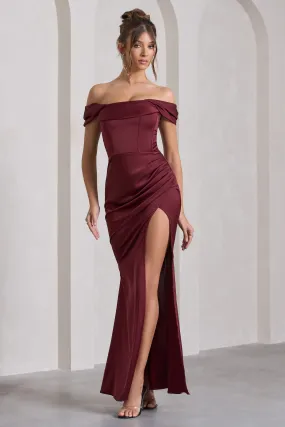 Kimberly | Burgundy Bardot Fishtail Satin Maxi Dress