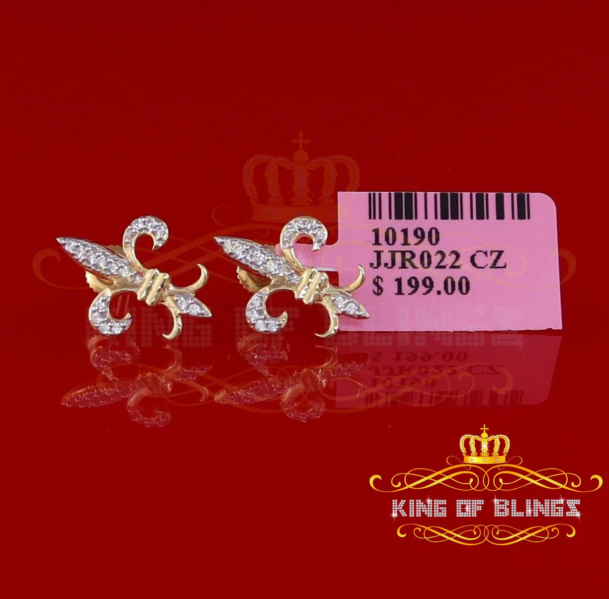 King of Bling's 925 Yellow Silver Fleur de Lis Screw Back 0.25ct Cubic Zirconia Ladies Earrings