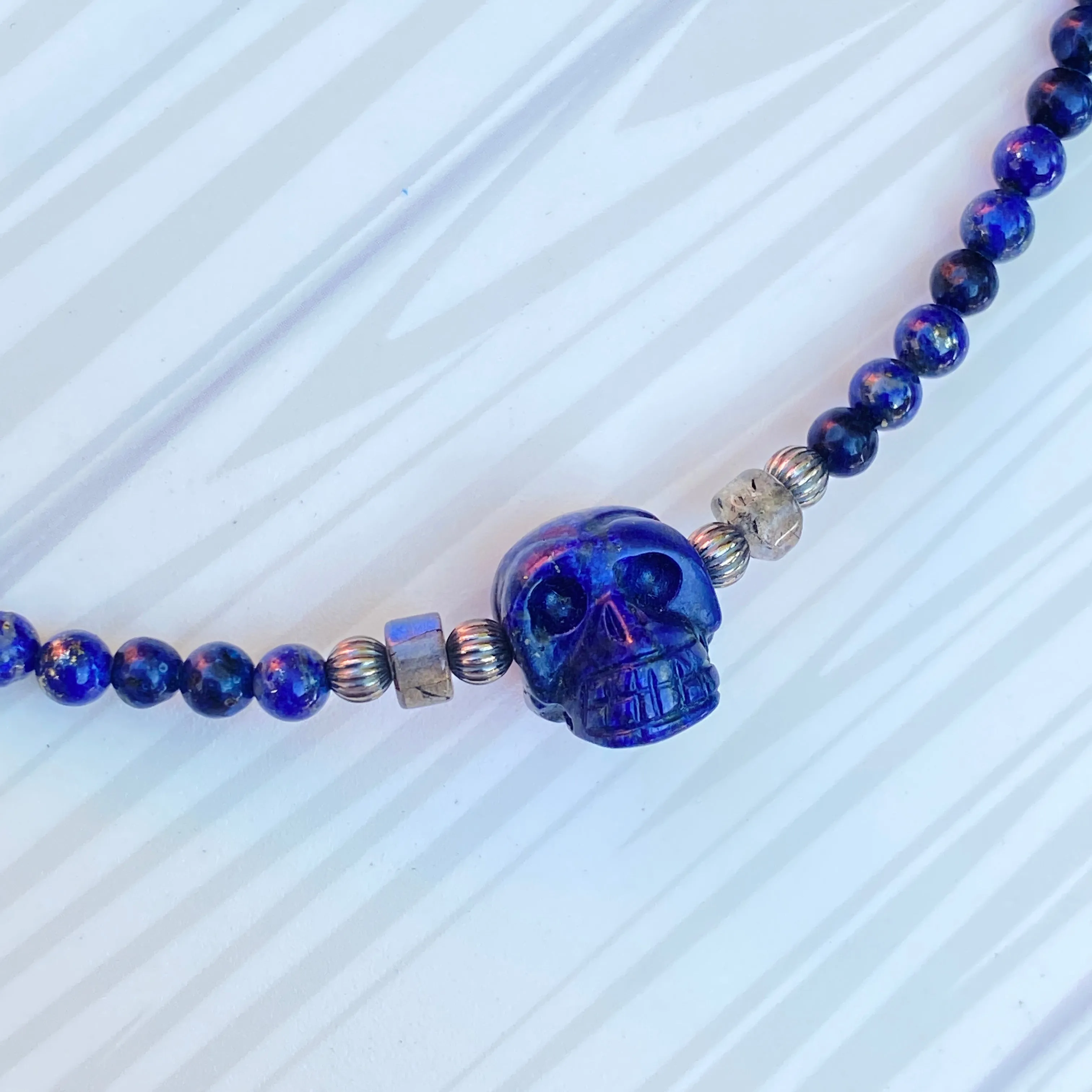 Lapis Lazuli, Labradorite gemstones, and Sterling Silver Skull Choker