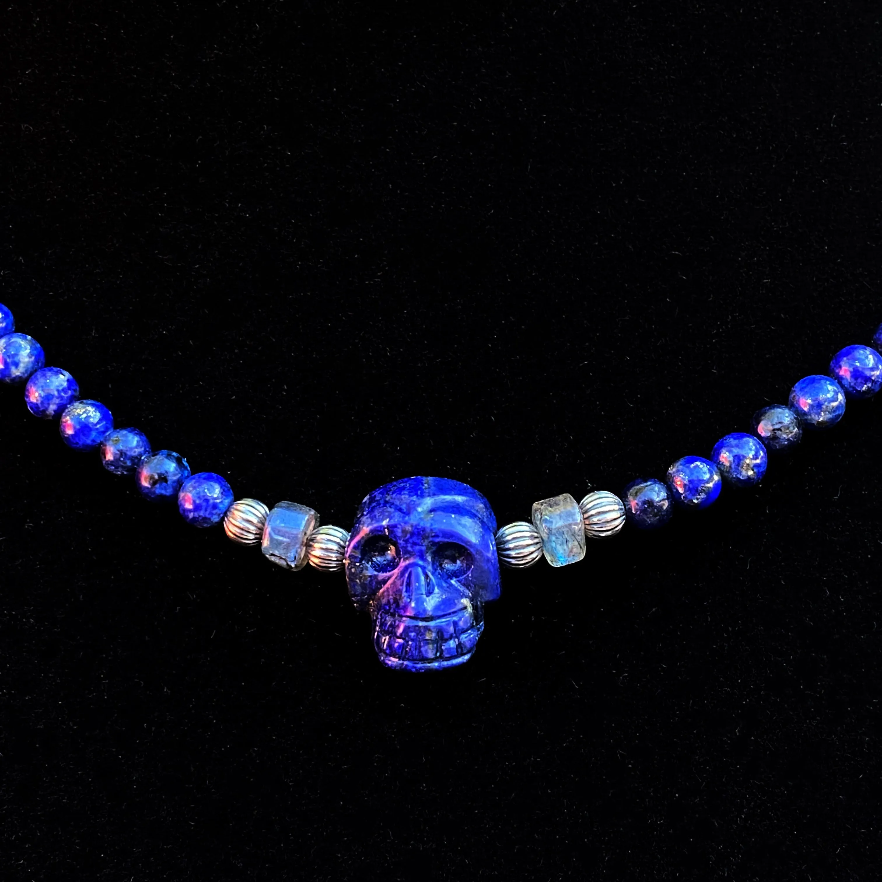 Lapis Lazuli, Labradorite gemstones, and Sterling Silver Skull Choker