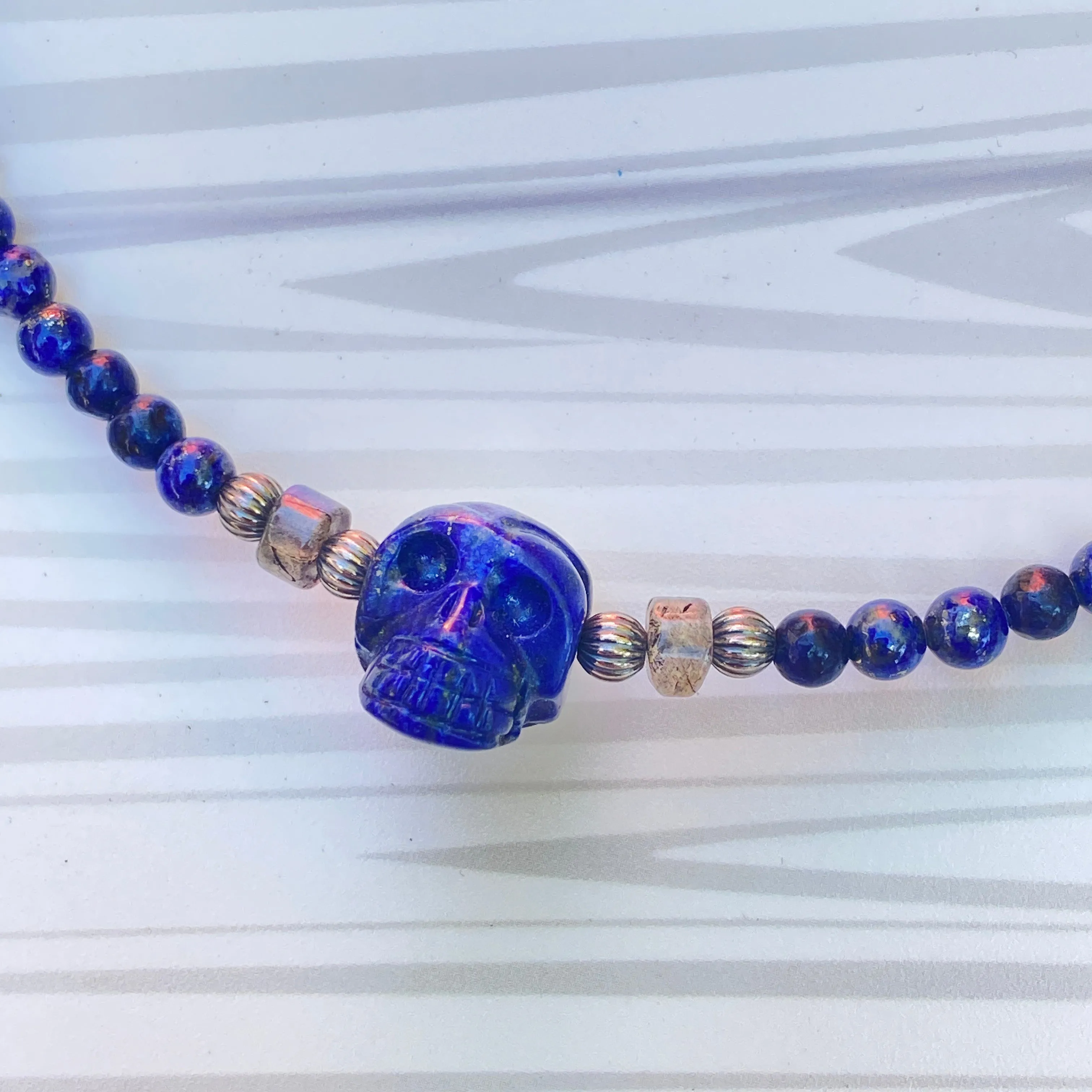 Lapis Lazuli, Labradorite gemstones, and Sterling Silver Skull Choker