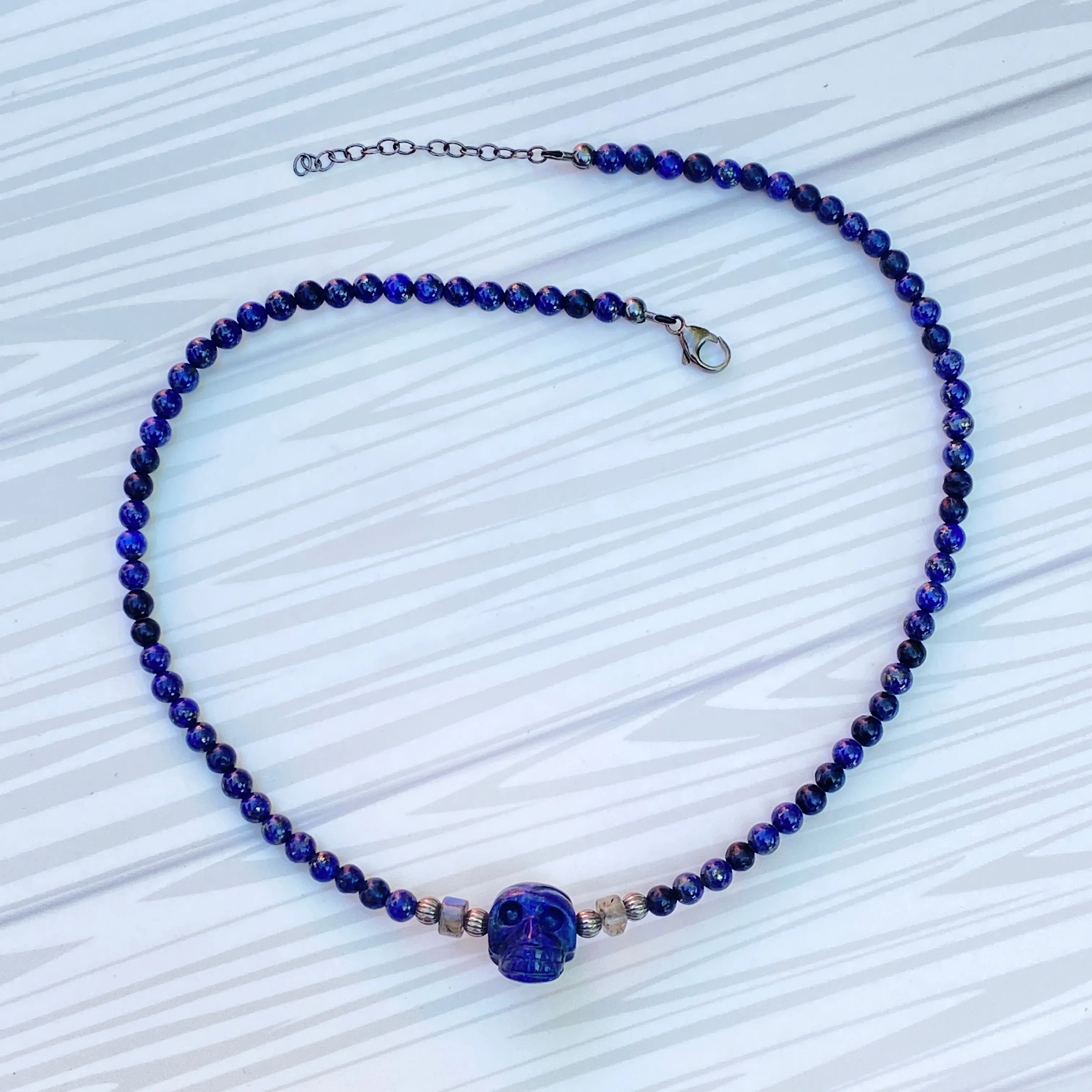 Lapis Lazuli, Labradorite gemstones, and Sterling Silver Skull Choker