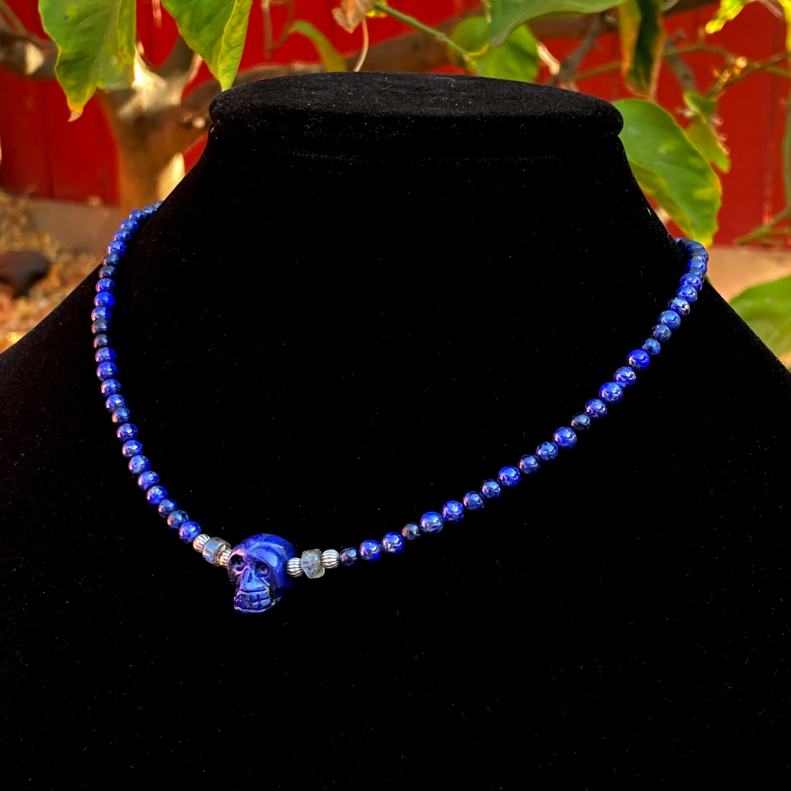 Lapis Lazuli, Labradorite gemstones, and Sterling Silver Skull Choker