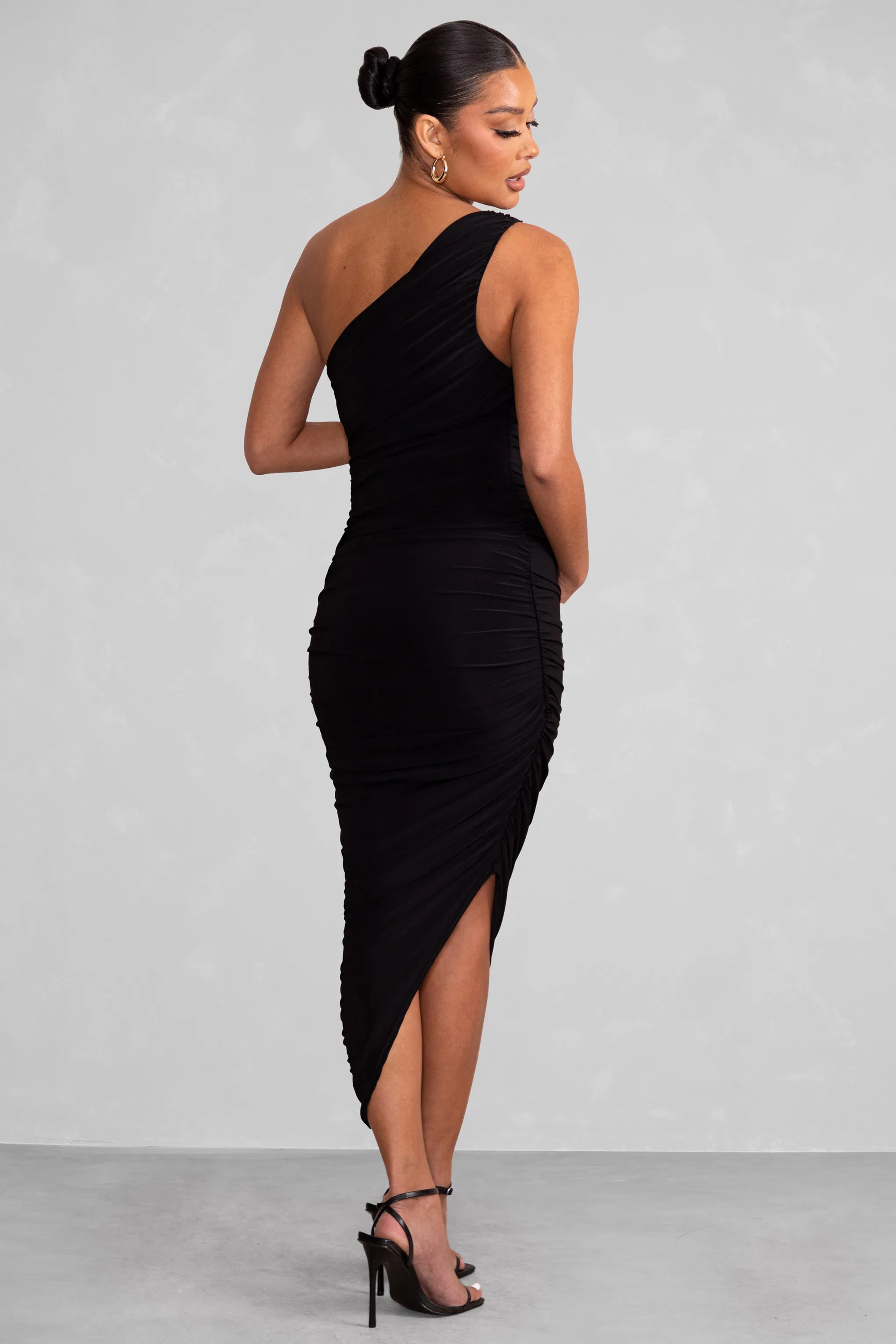 Late Night | Black Maternity Ruched One Shoulder Midi Dress