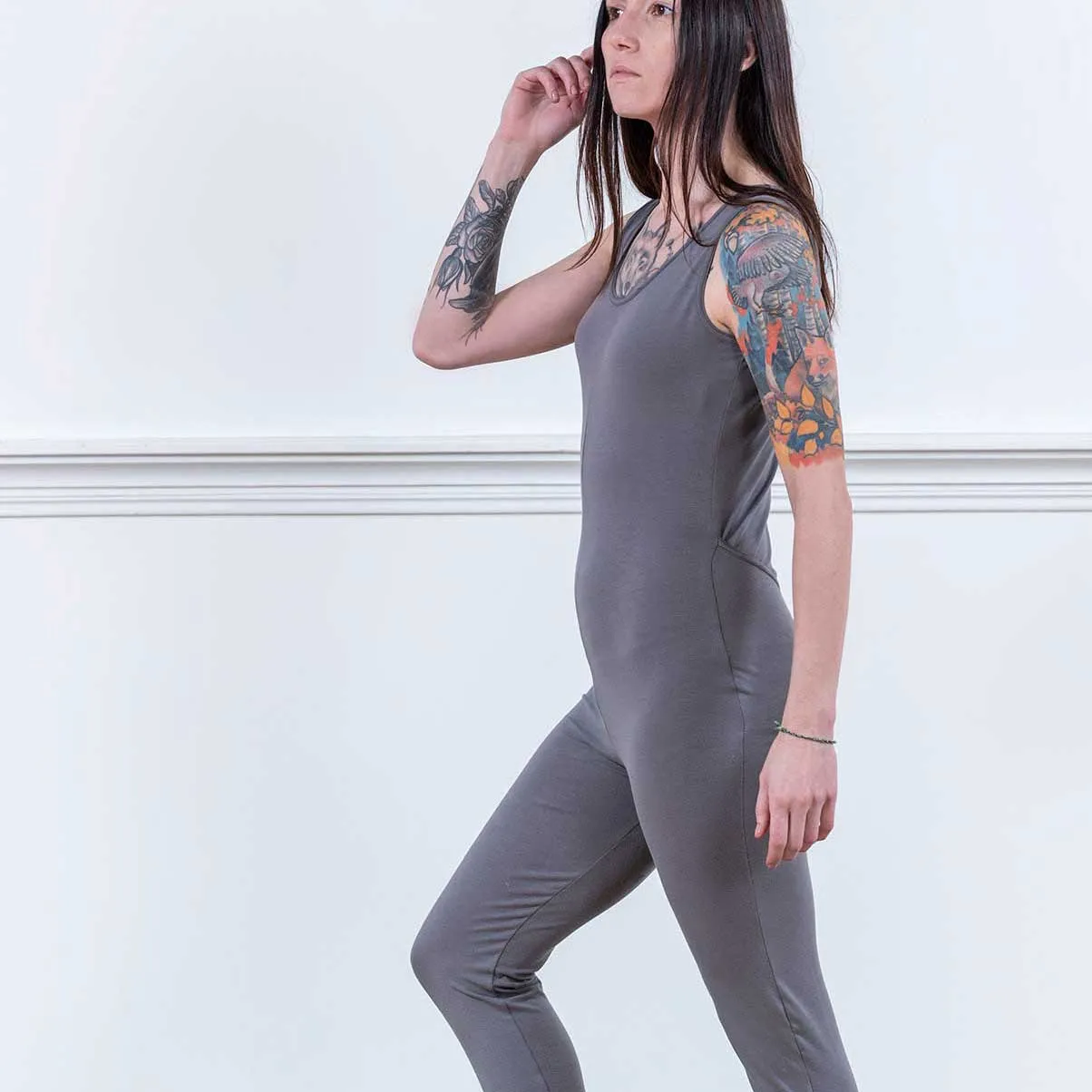 Light Grey Cotton Modal Sleeveless Union Suit | Women's Full Bodysuit | MoonEaze™