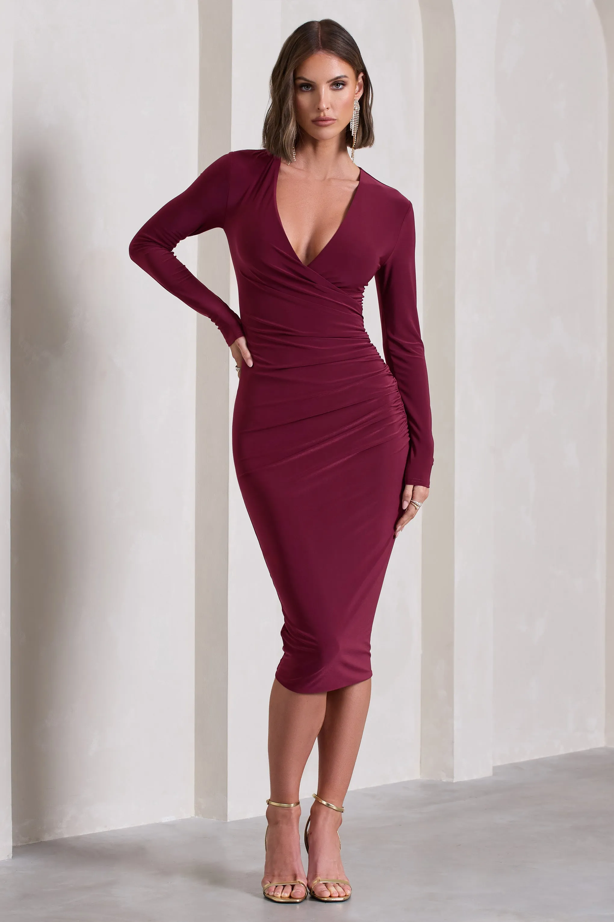 Marcia | Burgundy Bodycon Plunge-Neck Midi Dress