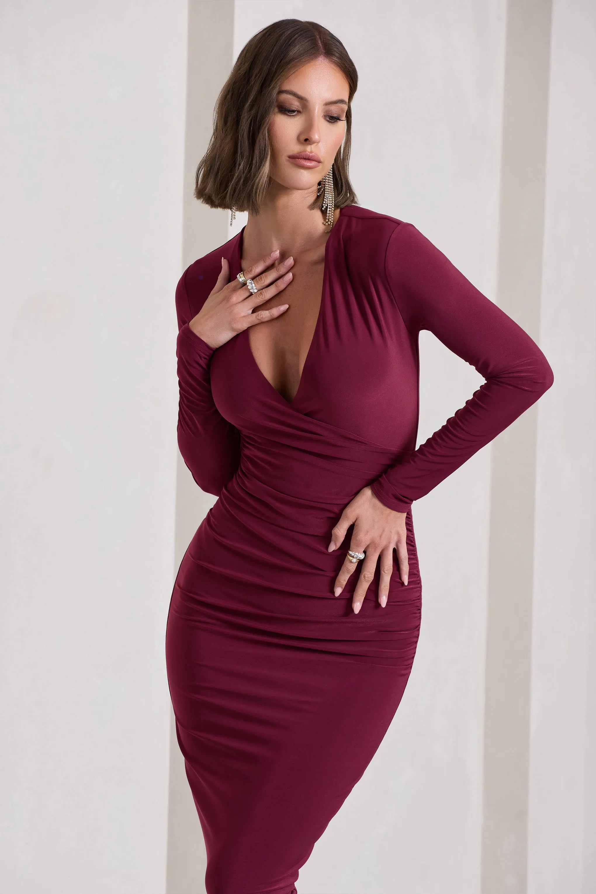 Marcia | Burgundy Bodycon Plunge-Neck Midi Dress