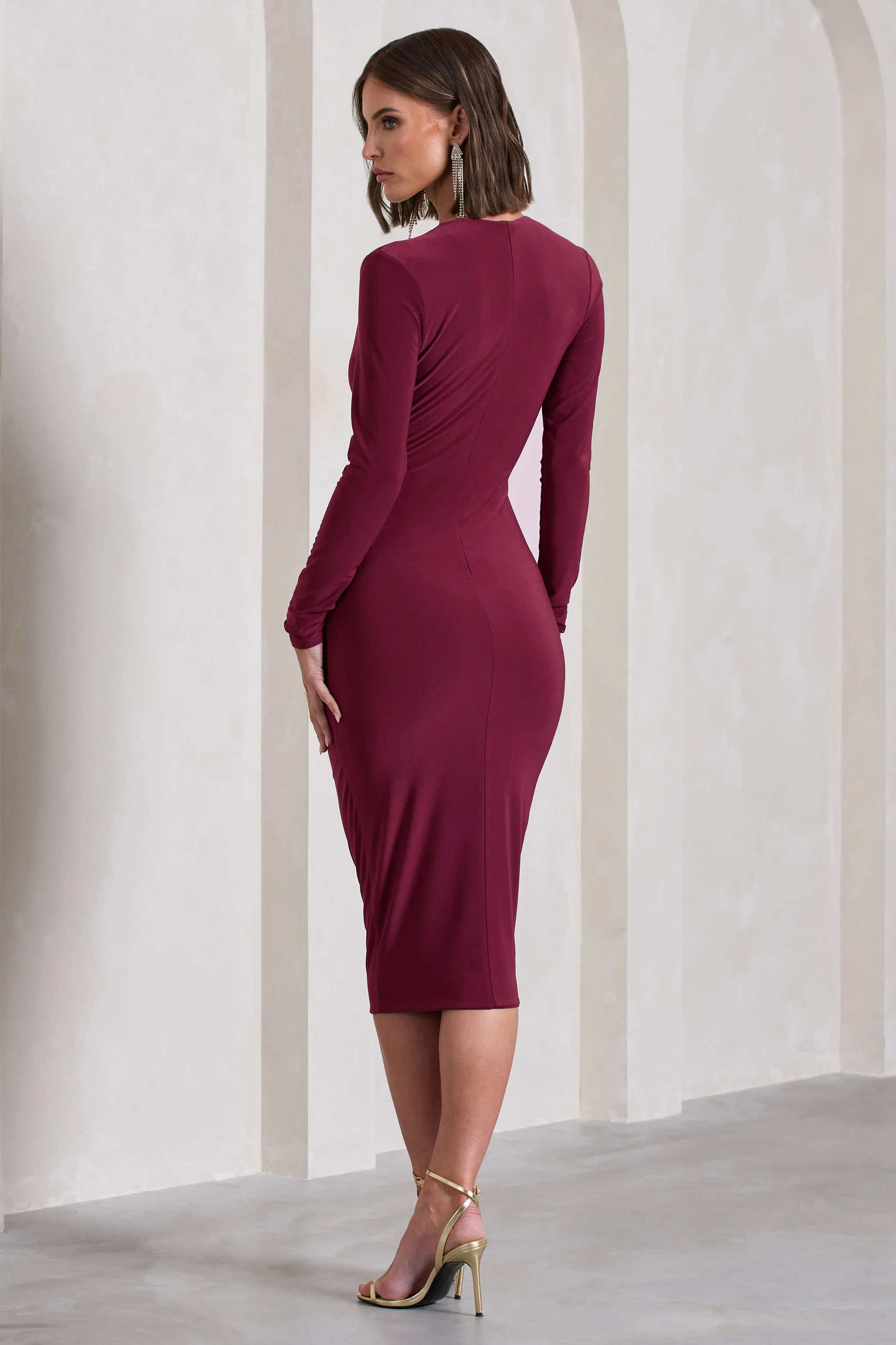 Marcia | Burgundy Bodycon Plunge-Neck Midi Dress