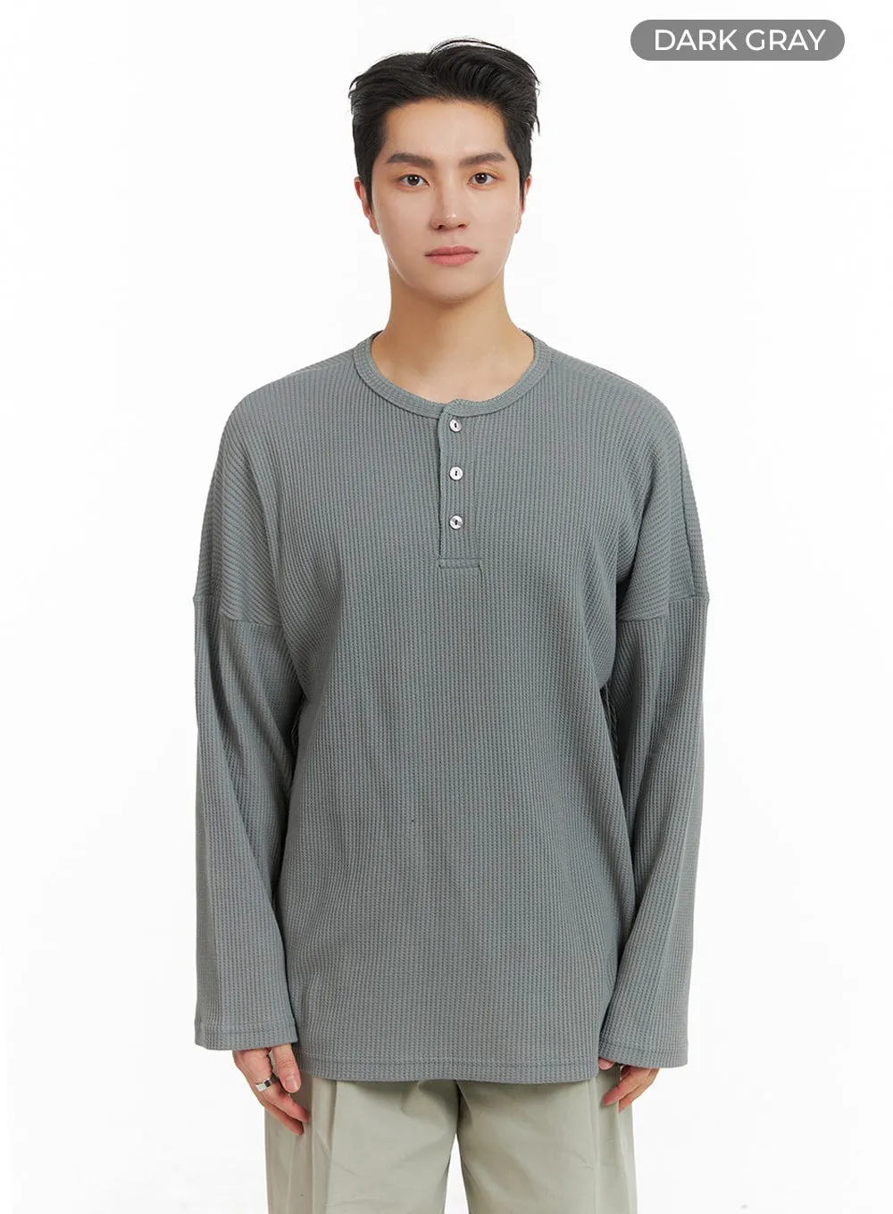 Men's Quarter Button Round Neck Long Sleeve IA401