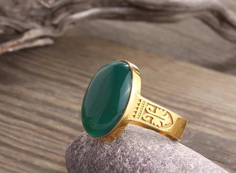 Men's Ring Natural Agate in 14k Yellow Gold, Artdeco Statement Ring for Men