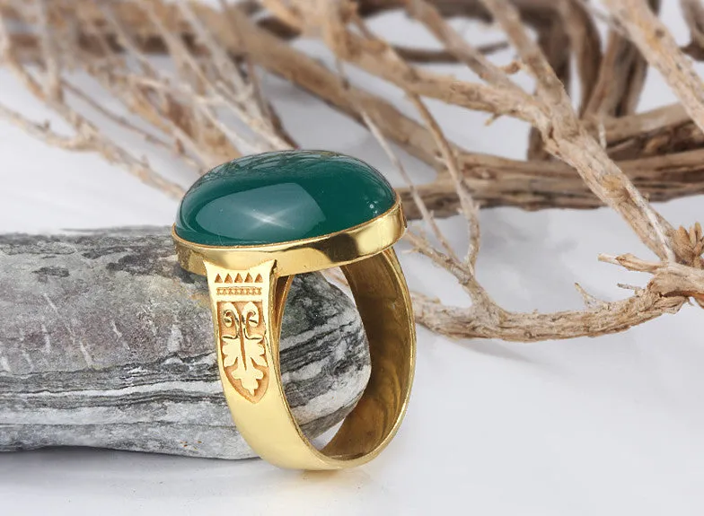 Men's Ring Natural Agate in 14k Yellow Gold, Artdeco Statement Ring for Men