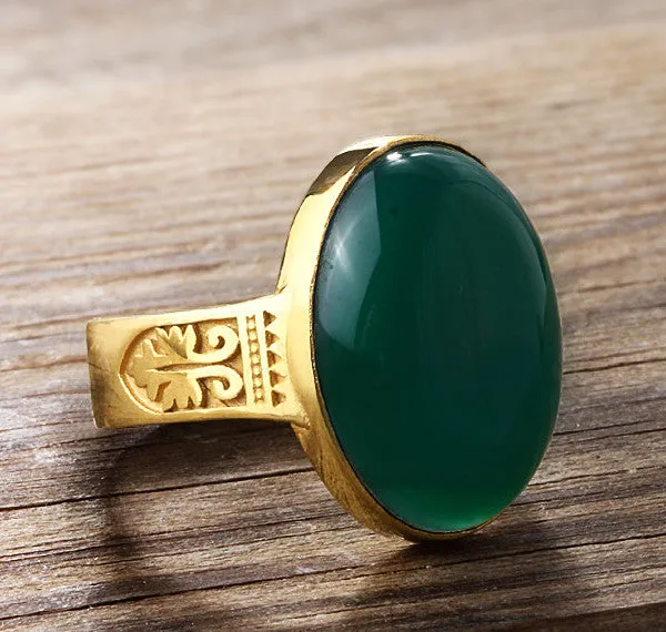 Men's Ring Natural Agate in 14k Yellow Gold, Artdeco Statement Ring for Men